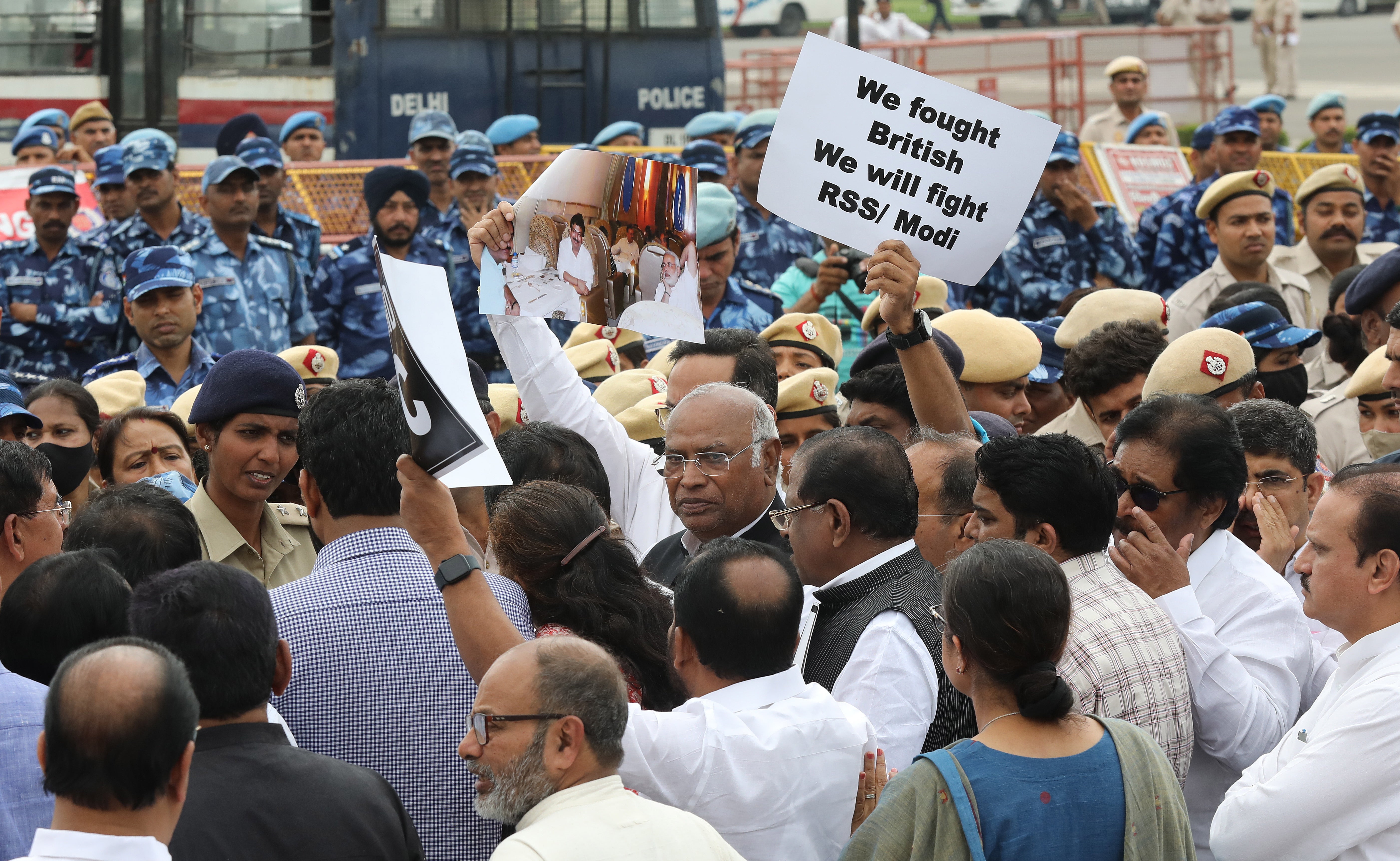 Members of parliament representing India’s opposition parties protest in New Delhi on Friday