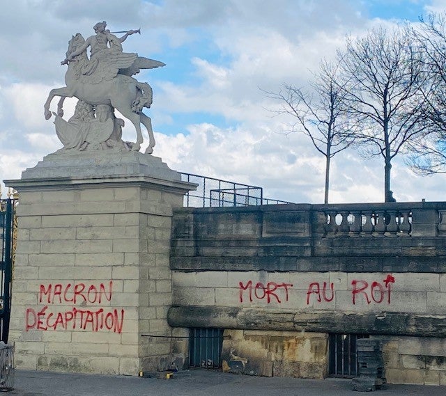 ‘Death to the King’ graffiti at the Place de la Concorde in Paris