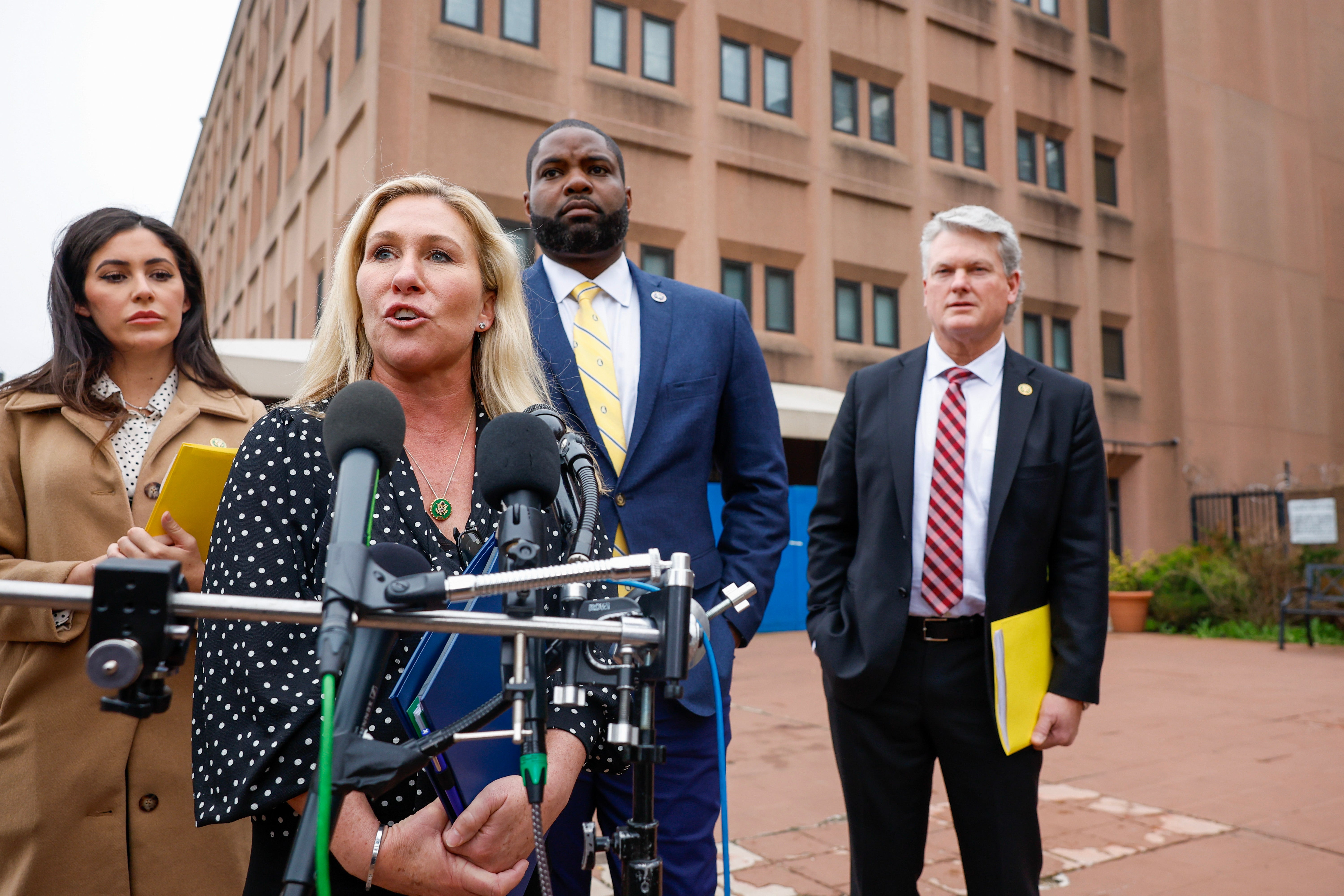 Marjorie Taylor Greene speaks alongside Anna Paulina Luna, Byron Donalds and Mike Collins outside the DC Department of Corrections on March 24, 2023