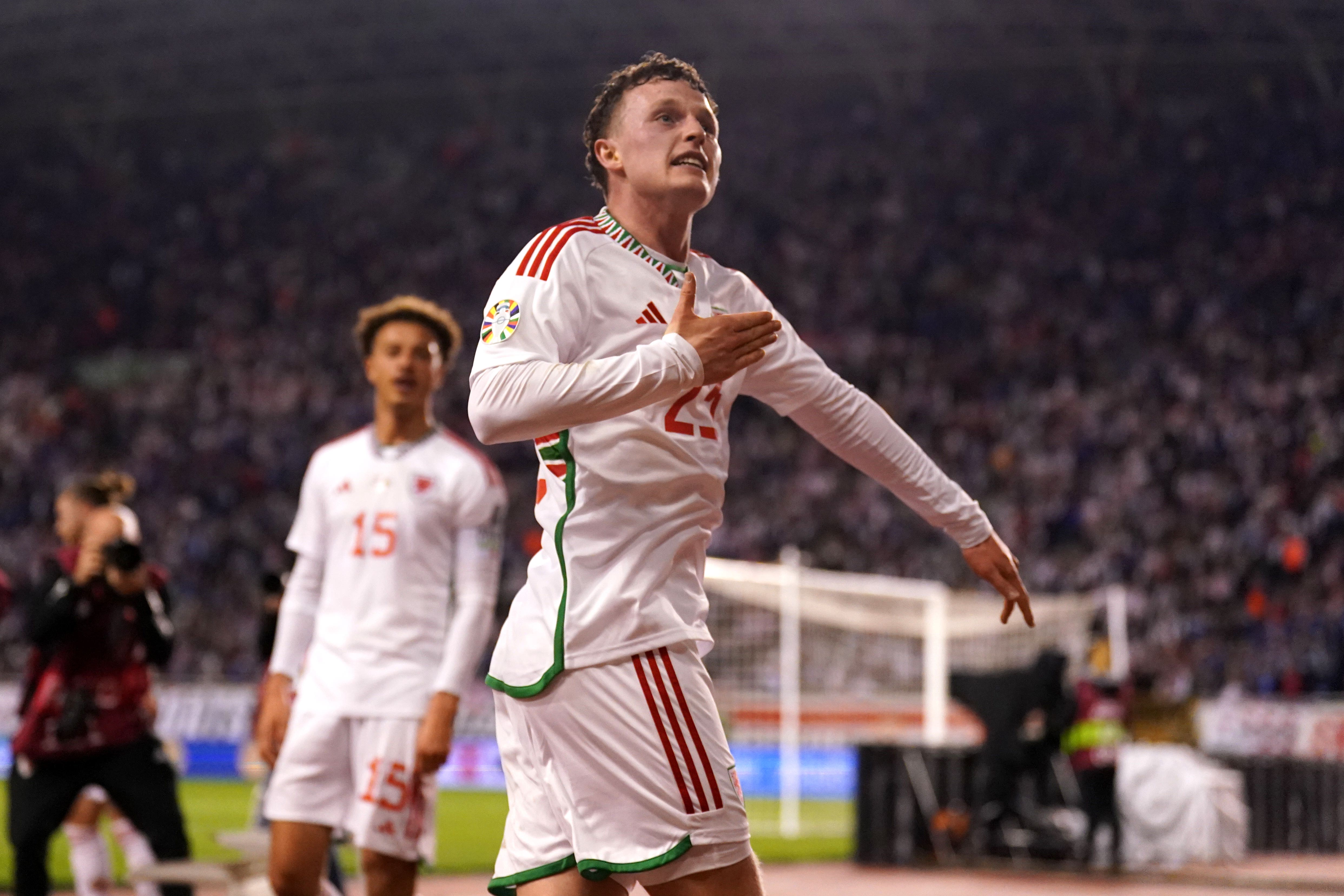 Nathan Broadhead celebrates scoring Wales’ last-gasp equaliser in Croatia (Tim Goode/PA)