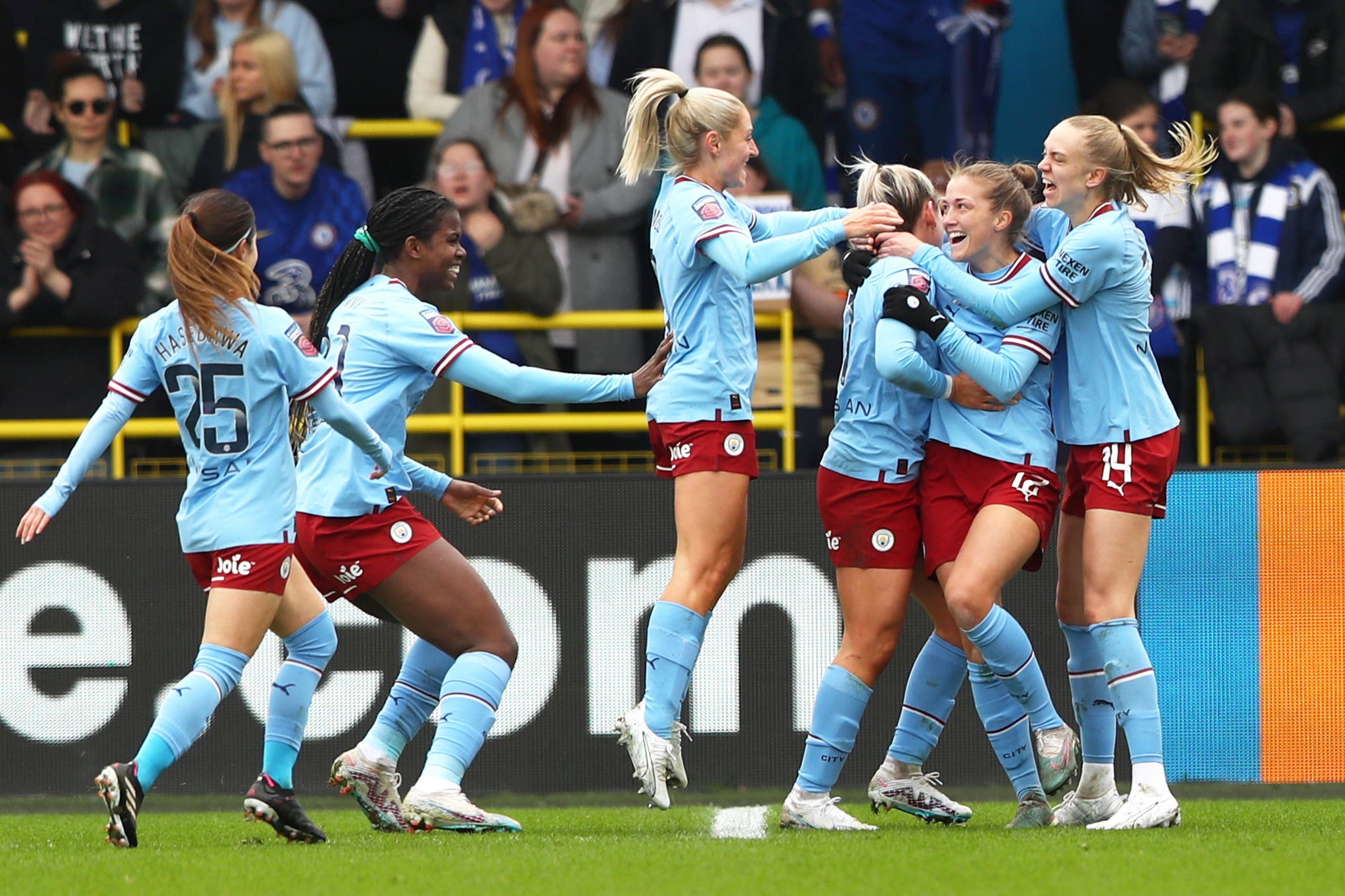 Manchester City celebrate Filippa Angeldahl’s opening goal (Tim Markland/PA)