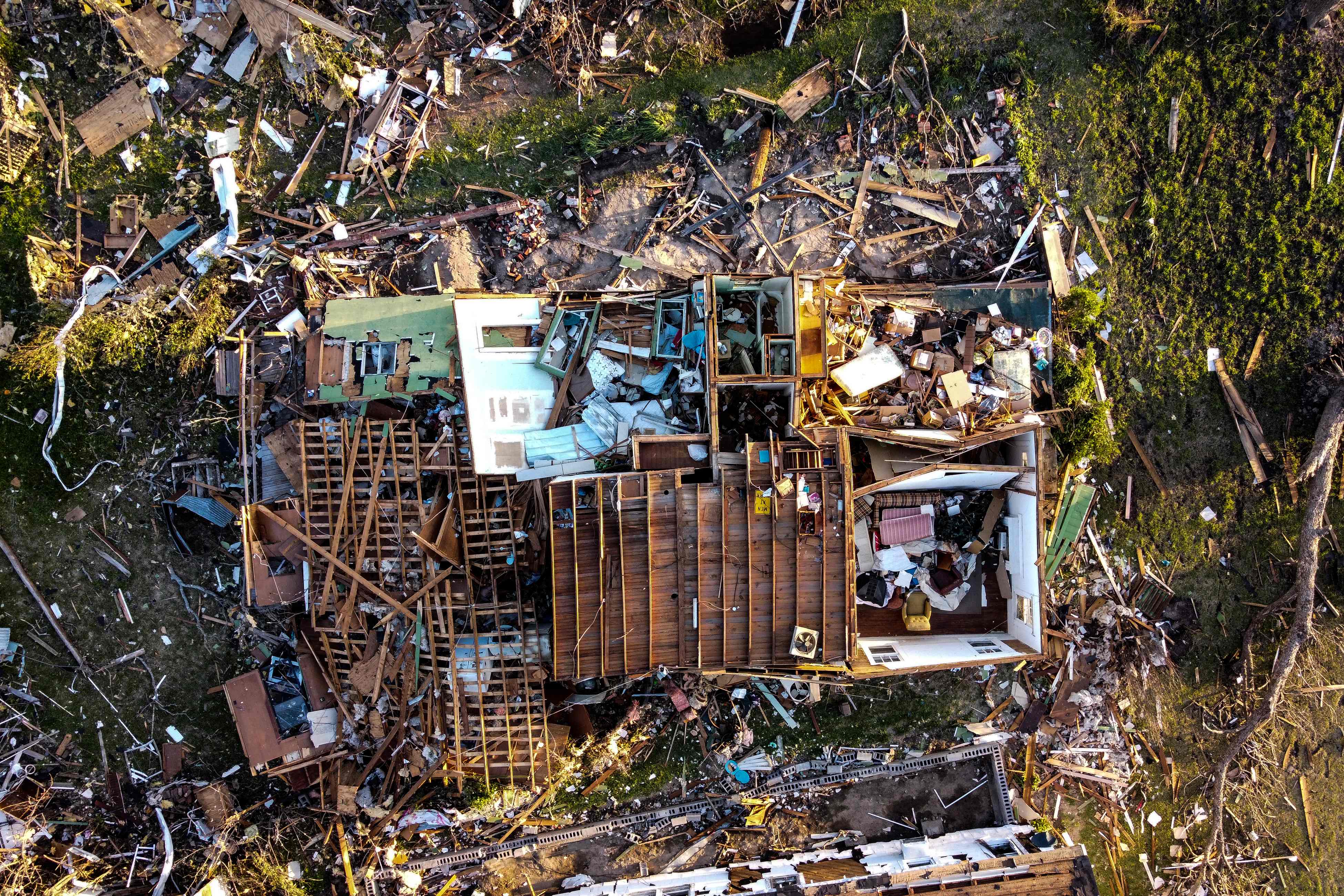 An aerial view of a destroyed neighborhood in Rolling Fork, Mississippi, after the tornado