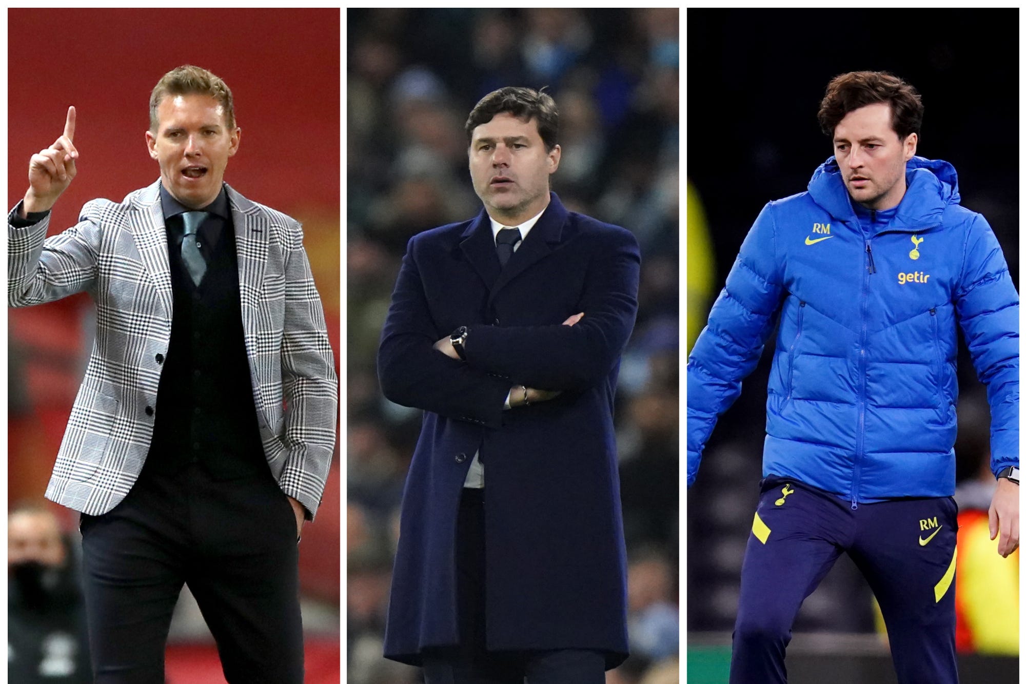 Julian Nagelsmann, Mauricio Pochettino and Ryan Mason are all names in the frame for the vacant Tottenham job (PA)