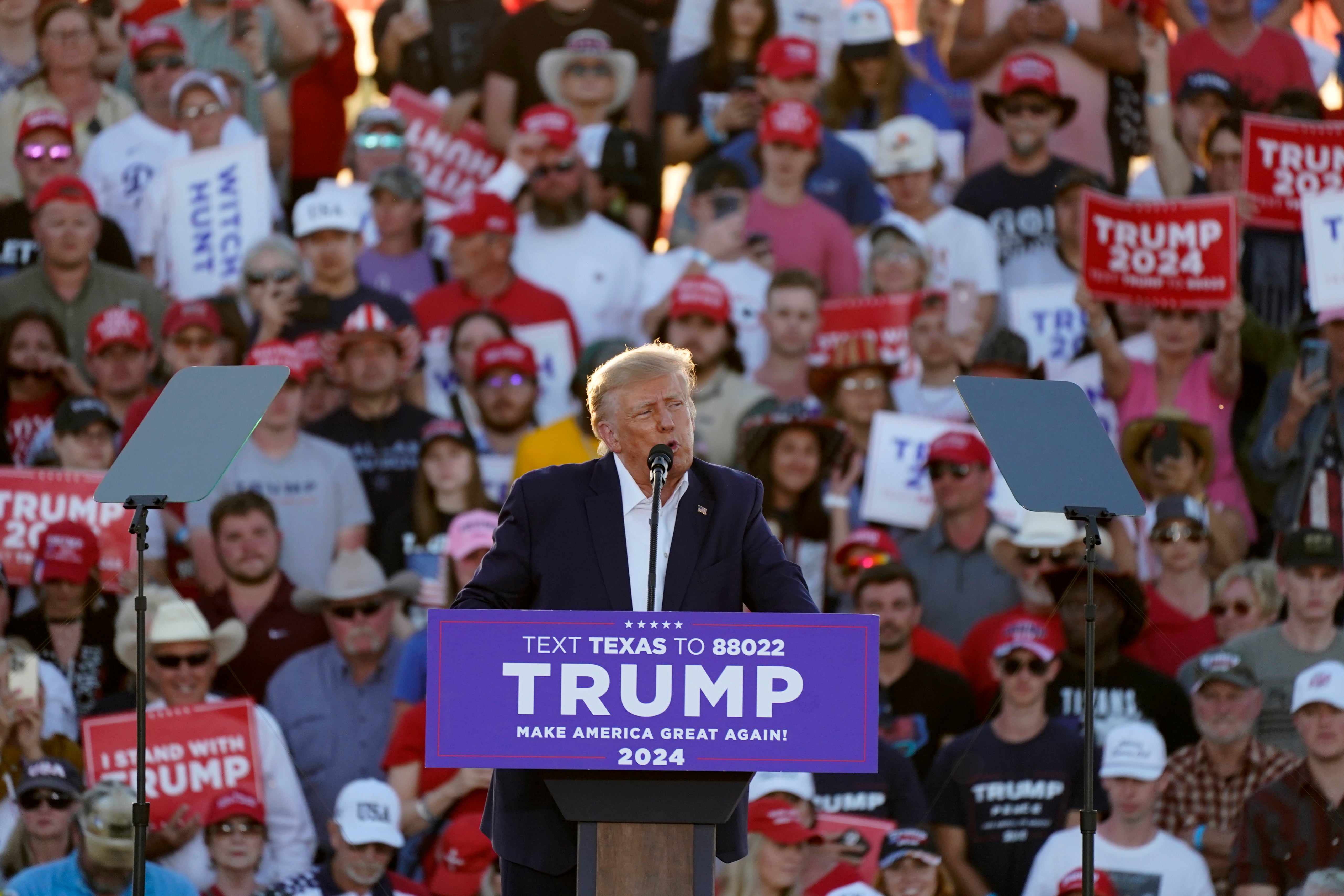 Former President Donald Trump speaks at a campaign rally at Waco Regional Airport Saturday, March 25, 2023, in Waco, Texas.