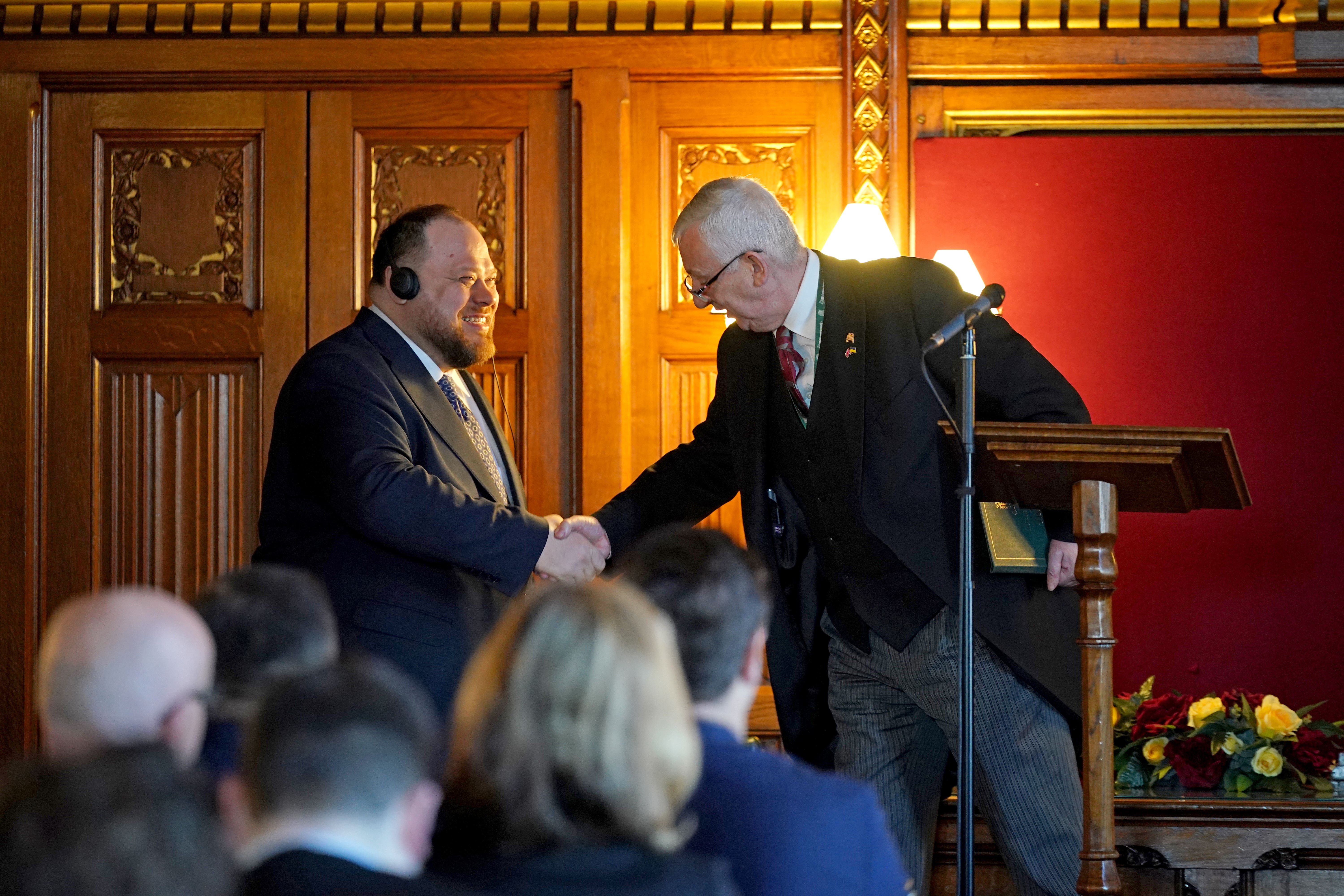 Commons Speaker Sir Lindsay Hoyle (right) welcomes his Ukrainian counterpart Ruslan Stefanchuk to Parliament (Yui Mok/PA)