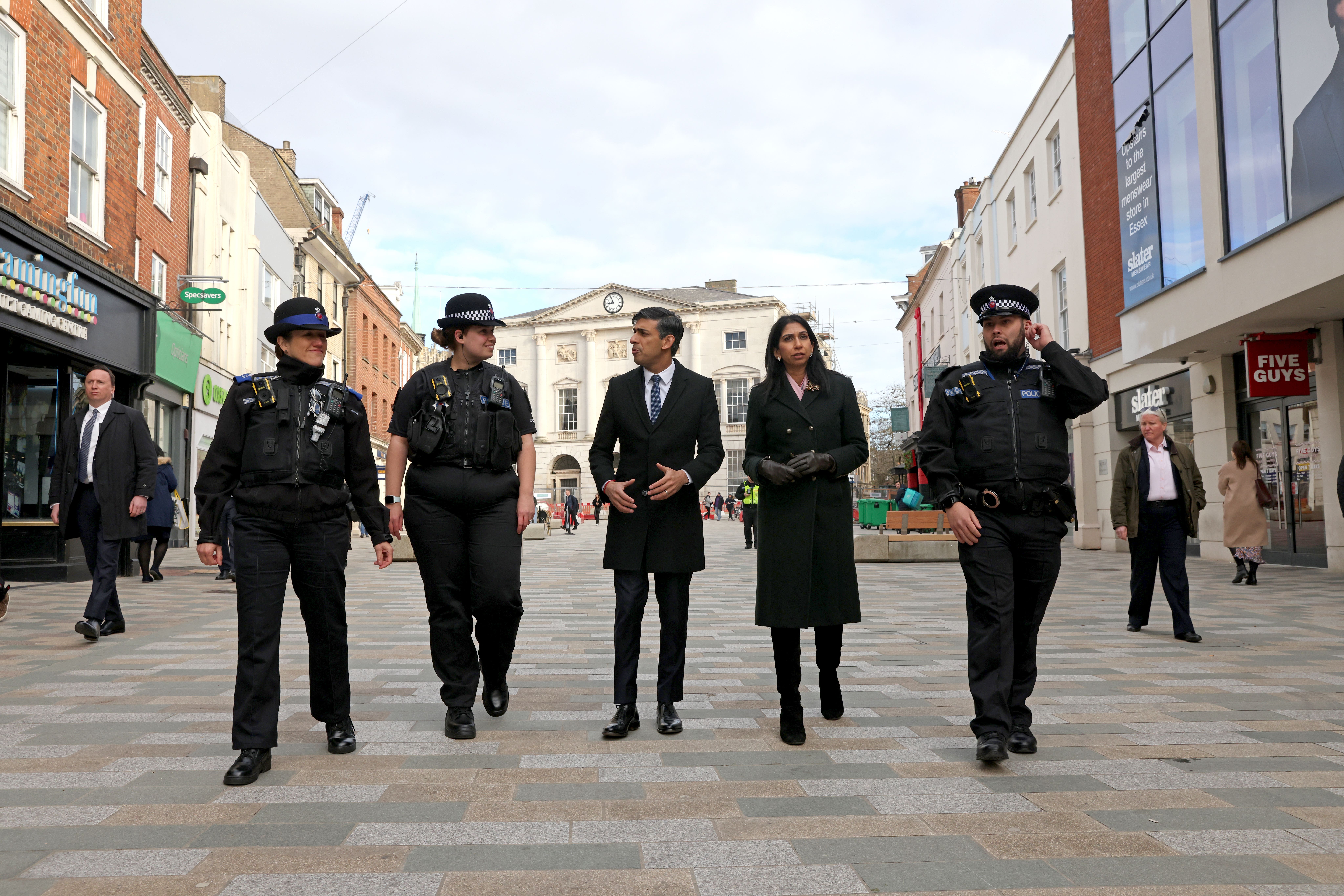 From left: Community support officer Sonja Viner, police sergeant Sophie Chesters, Prime Minister Rishi Sunak, Home Secretary Suella Braverman and police sergeant Matt Collins during a visit to a community centre in Chelmsford, Essex