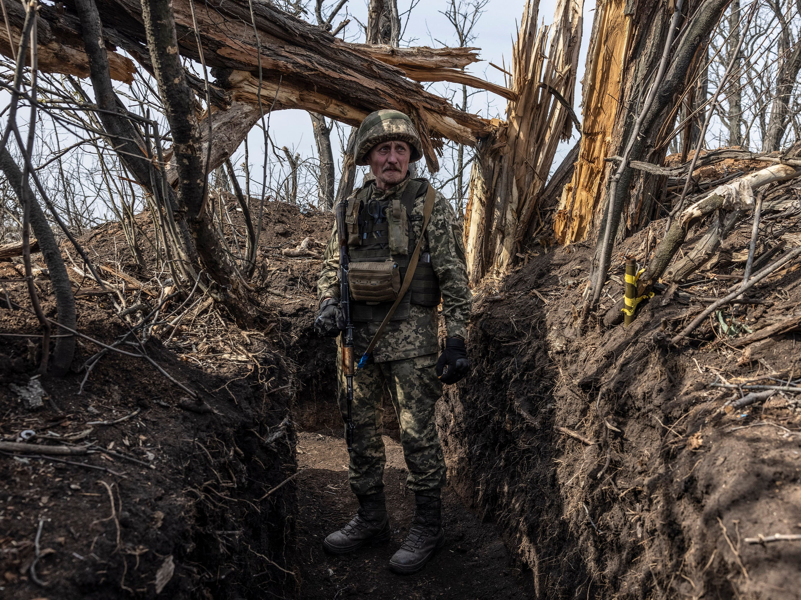 A soldier with the call sign Irpin, from Ukraine’s 24th Separate Mechanised Brigade, at a trench position near the town of Niu-York