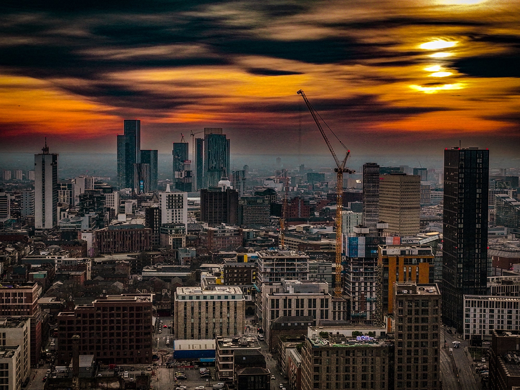 Manchester skyline at sunset