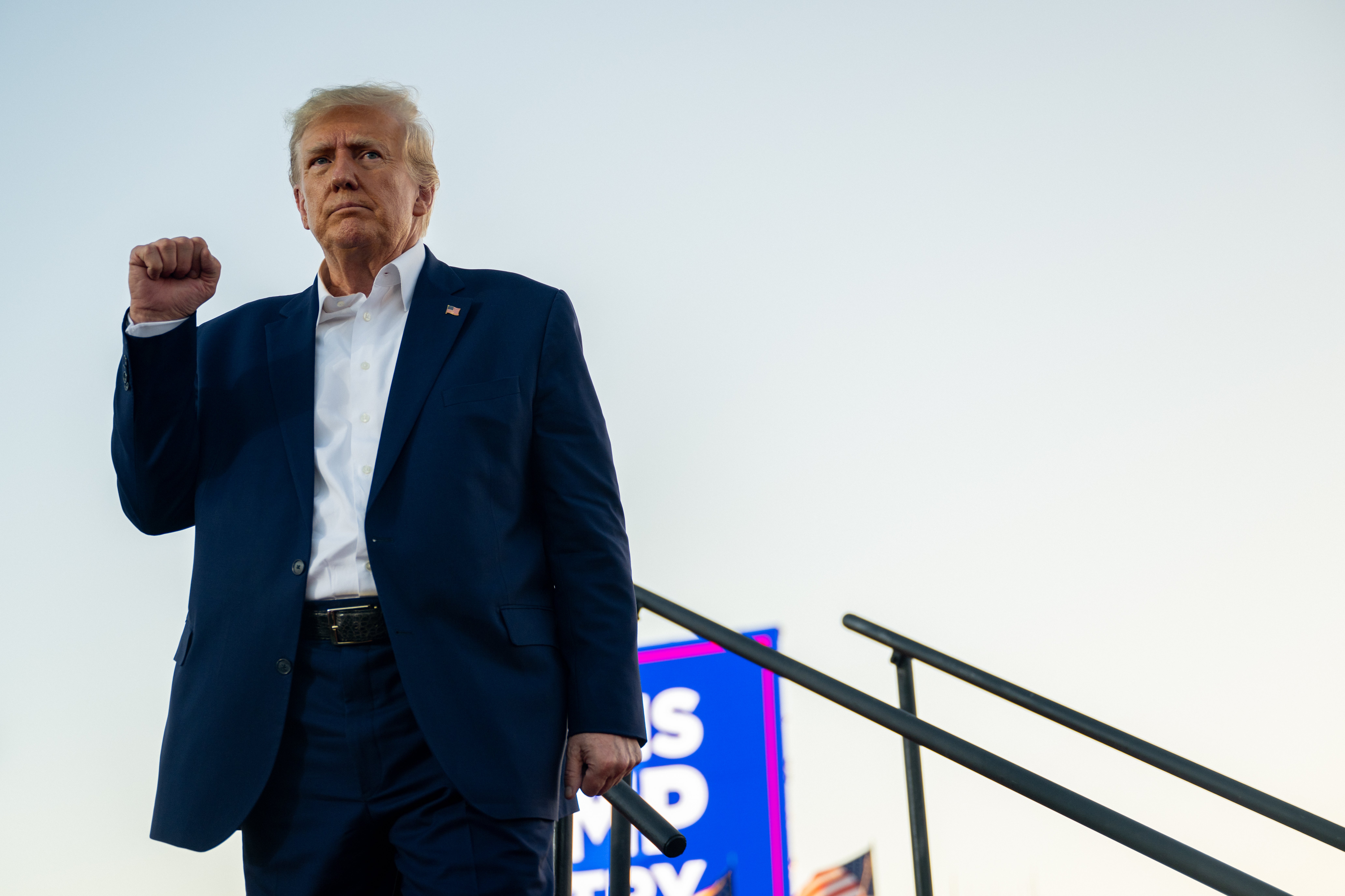 Former U.S. President Donald Trump prepares to depart after speaking during a rally at the Waco Regional Airport on March 25, 2023 in Waco, Texas.