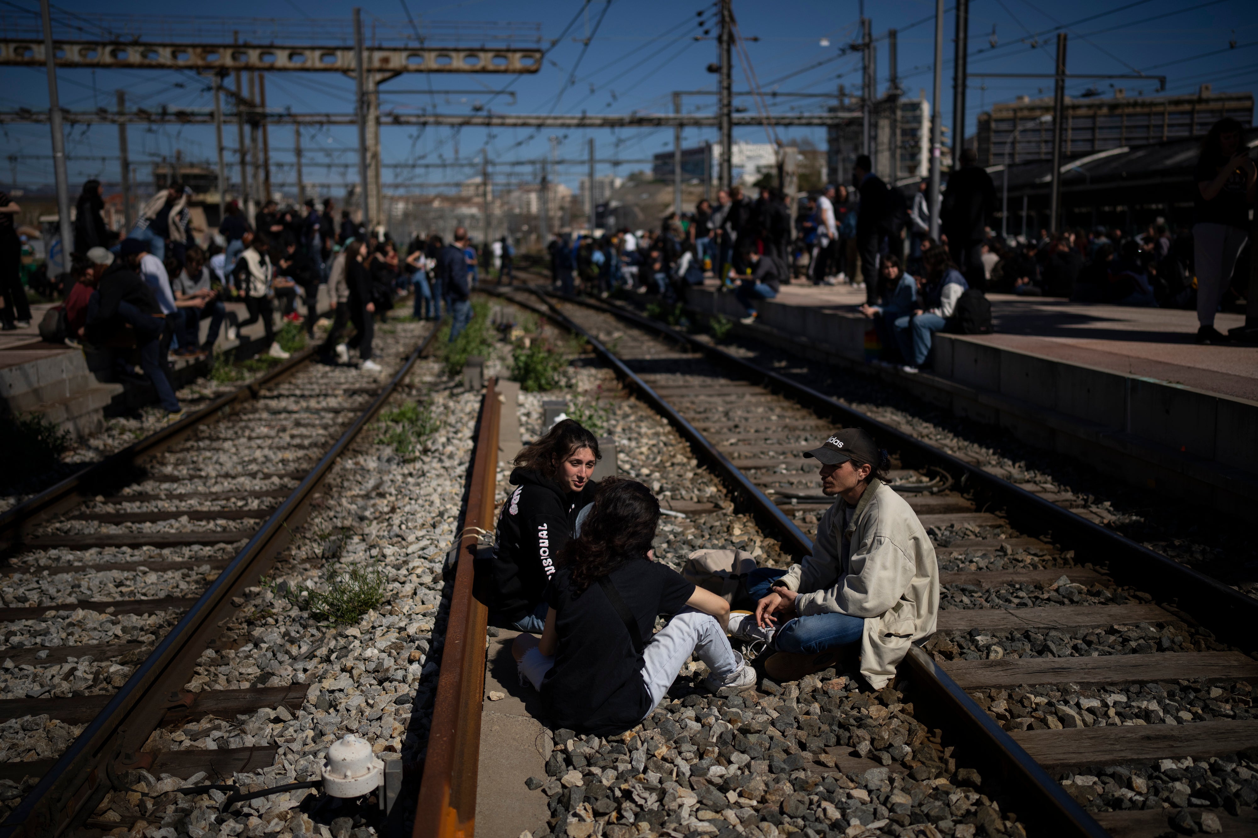 Protesters at St Charles station near Marseille on Tuesday