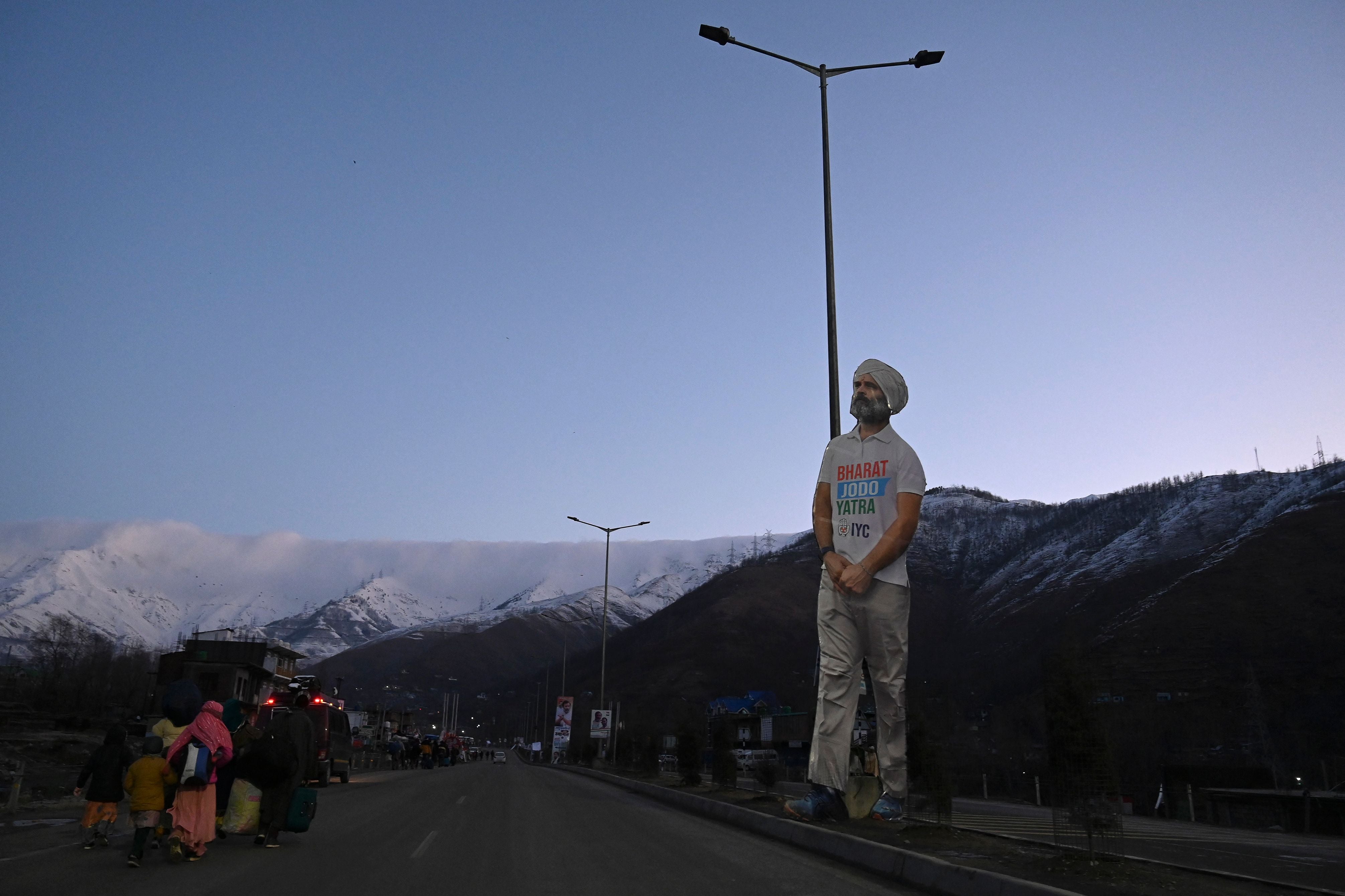 A large cut out of Rahul Gandhi is seen before the start of his ‘Bharat Jodo Yatra’ march in Banihal, some 94km from Srinagar in Kashmir