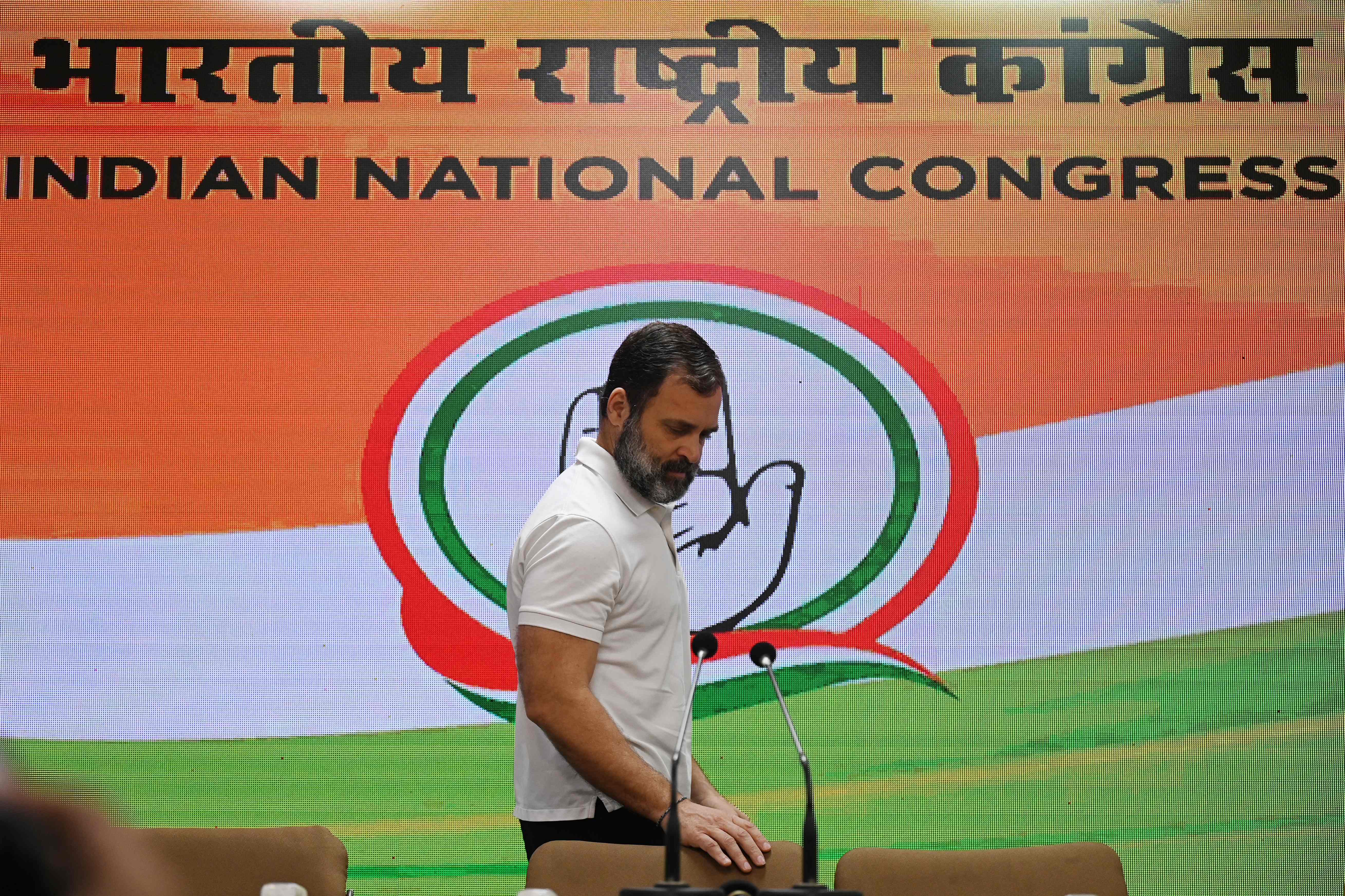 Rahul Gandhi arrives to address a press conference in New Delhi on 25 March after being disqualified as a member of parliament