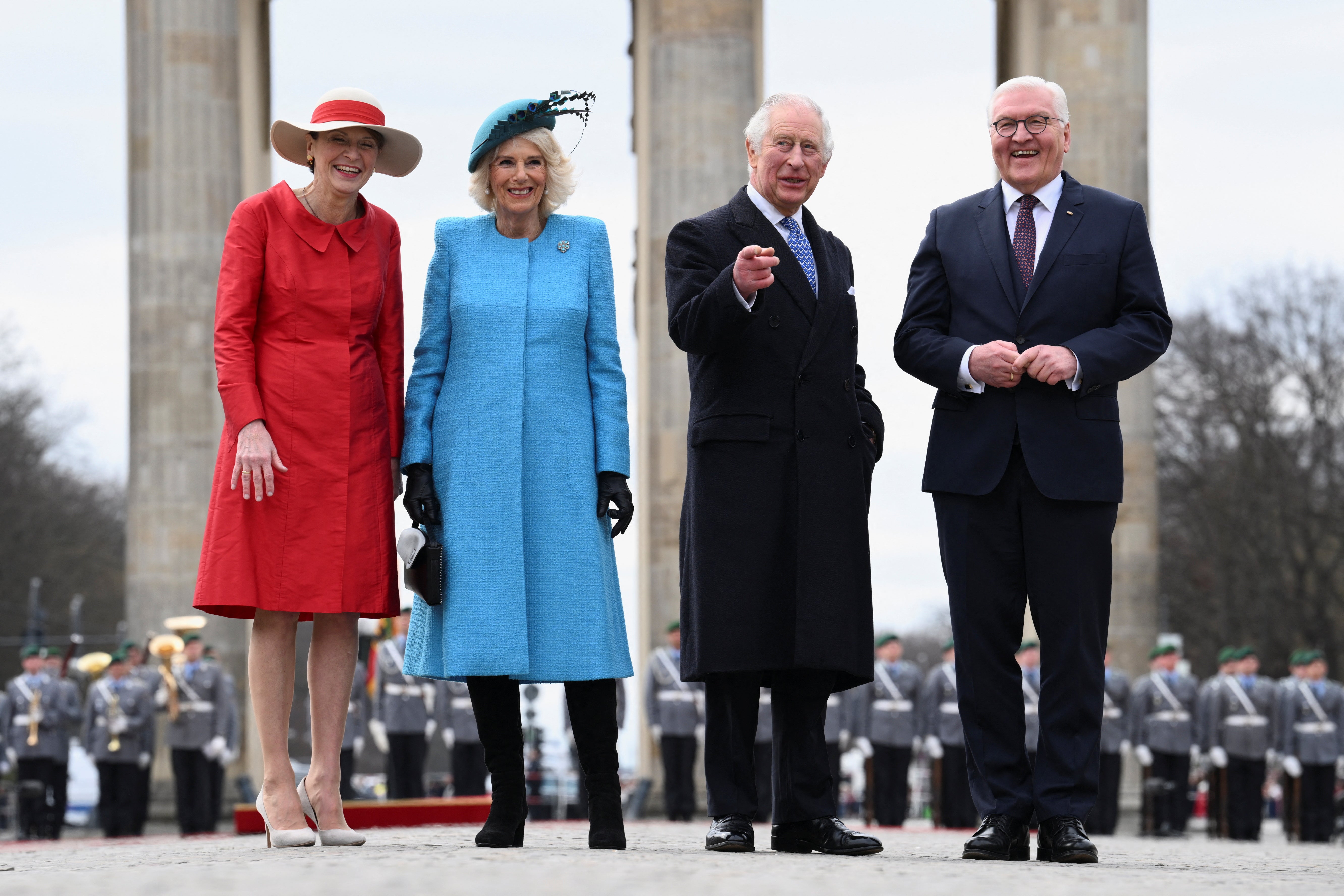 German President Frank-Walter Steinmeier, his wife Elke Buedenbender and King Charles and Camilla, the Queen Consort in front of Brandenburg Gate in Berlin, Germany