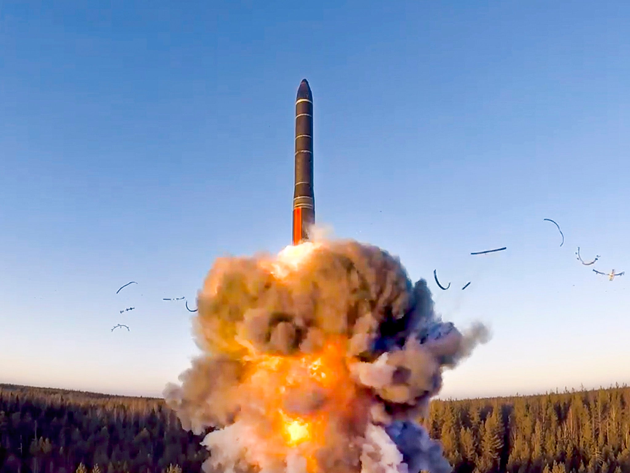 A rocket launches in a ground-based intercontinental ballistic missile test at the Plesetsk facility in northwestern Russia in December 2020