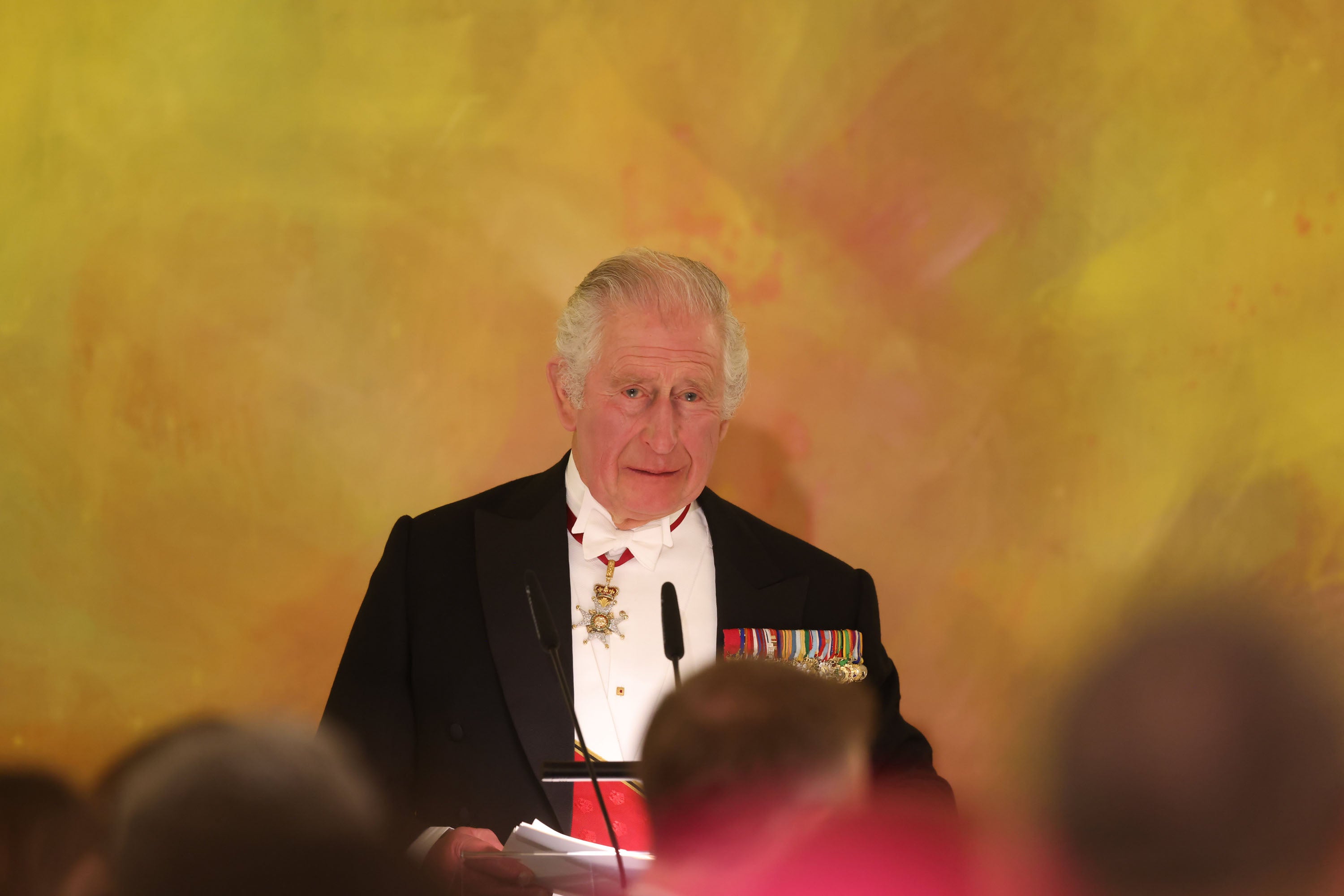 King Charles III gives a speech as he attends a state banquet at the Bellevue Palace