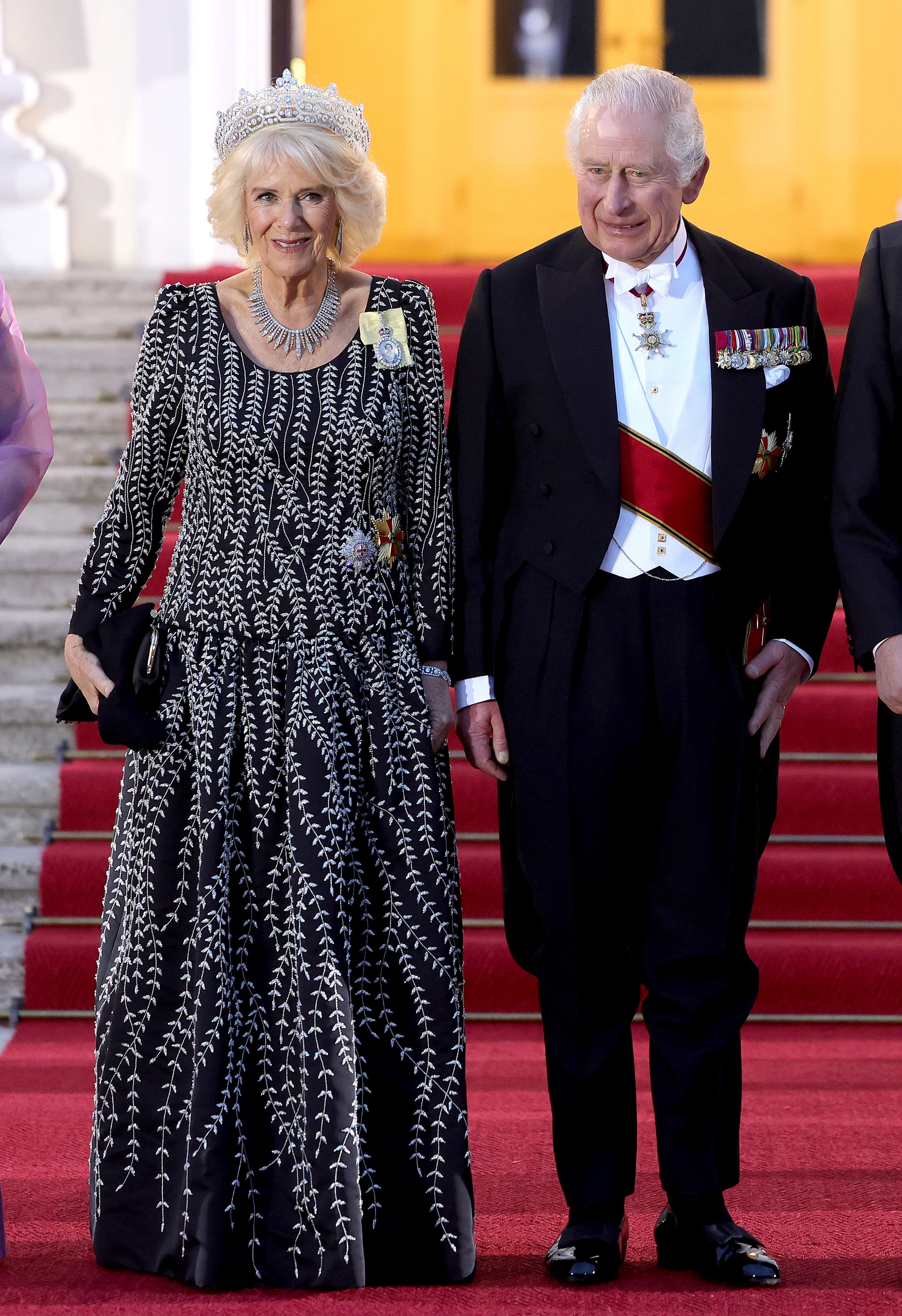 King Charles III and Camilla, Queen Consort pose at The Bellevue Palace ahead of a State Banquet on March 29, 2023 in Berlin