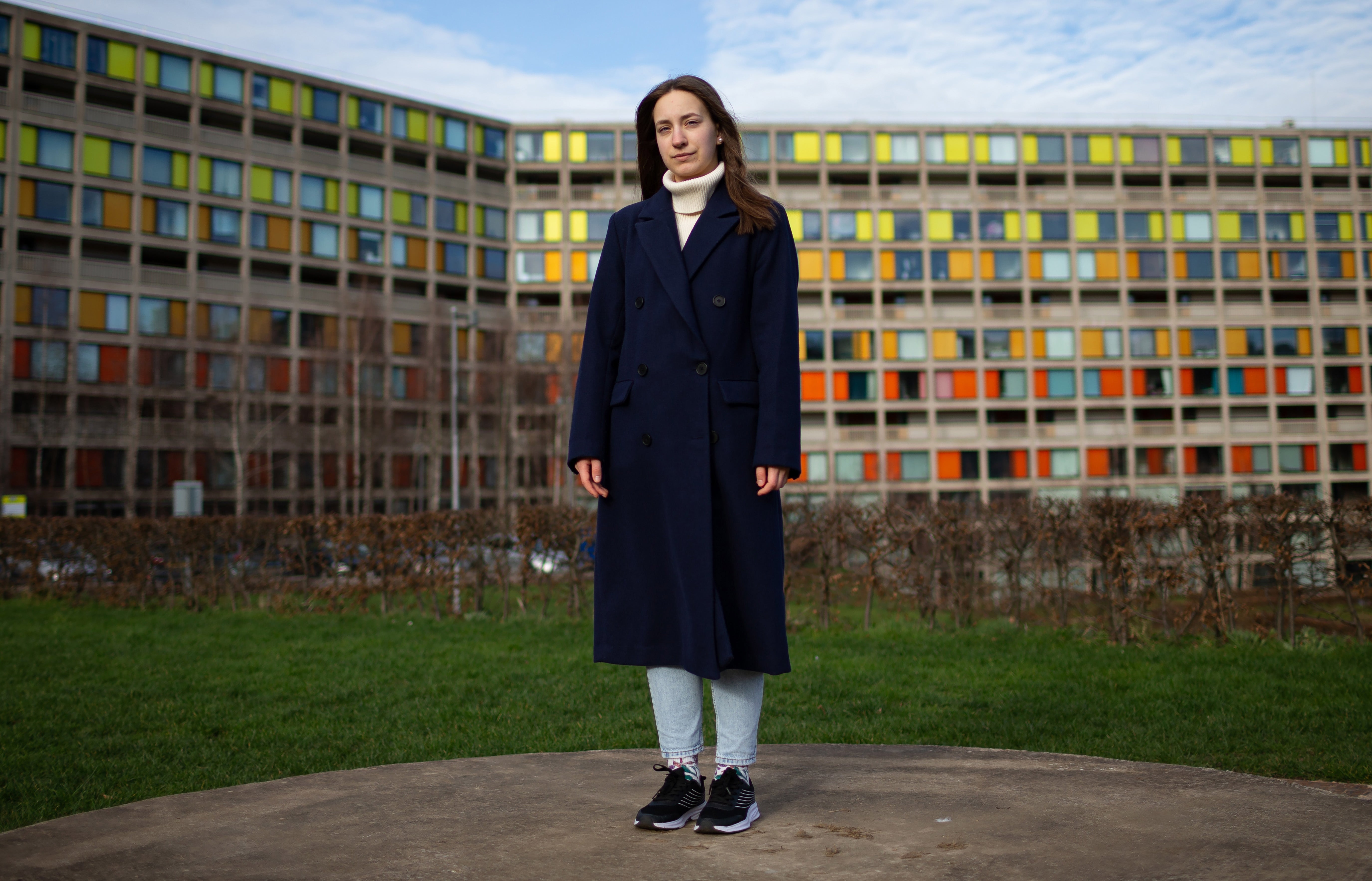 Alina Aleva poses at Park Hill Flats in Sheffield