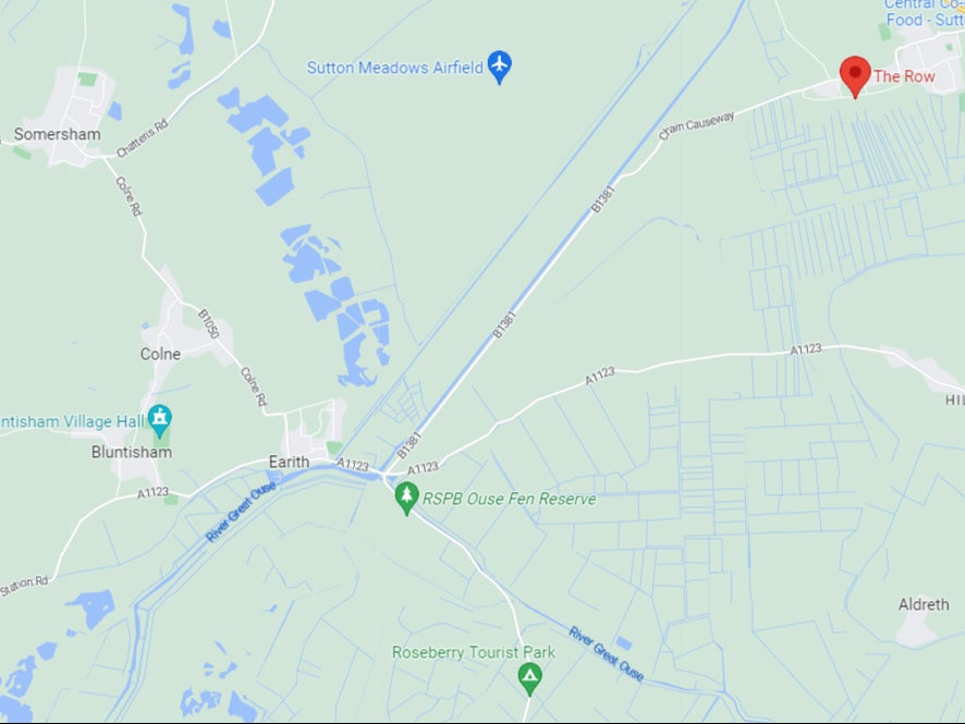 Map showing Bluntisham and The Row, Sutton