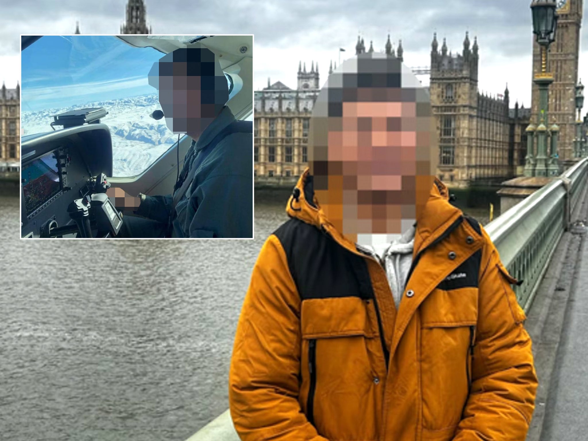 The Afghan war hero, whose face has been pixelated to protect his identity, in Westminster last month and, inset, in the cockpit