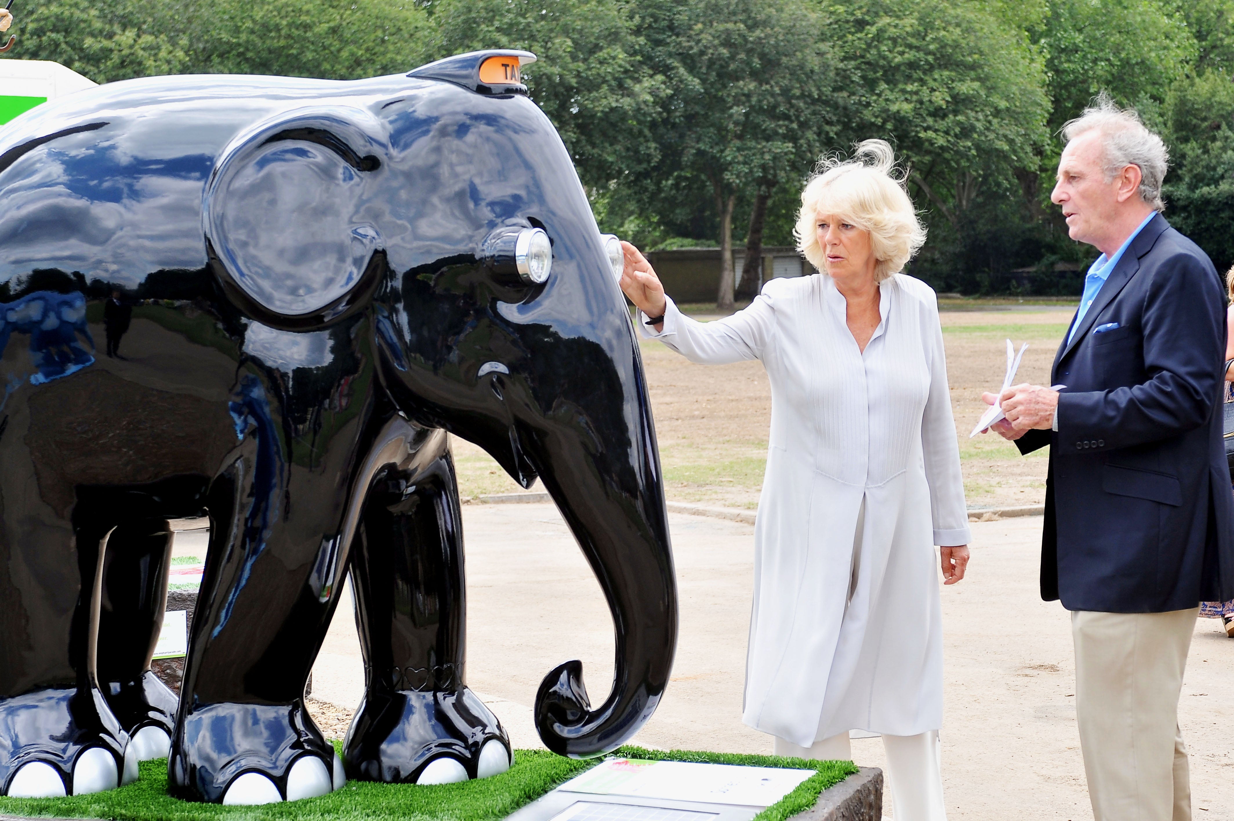 Camilla, Duchess of Cornwall is shown an elephant sculpture designed in the style of a London taxi, as she is escorted around the Elephant Parade exhibition at Chelsea Hospital Gardens by her brother, Mark Shand (R) on June 24, 2010