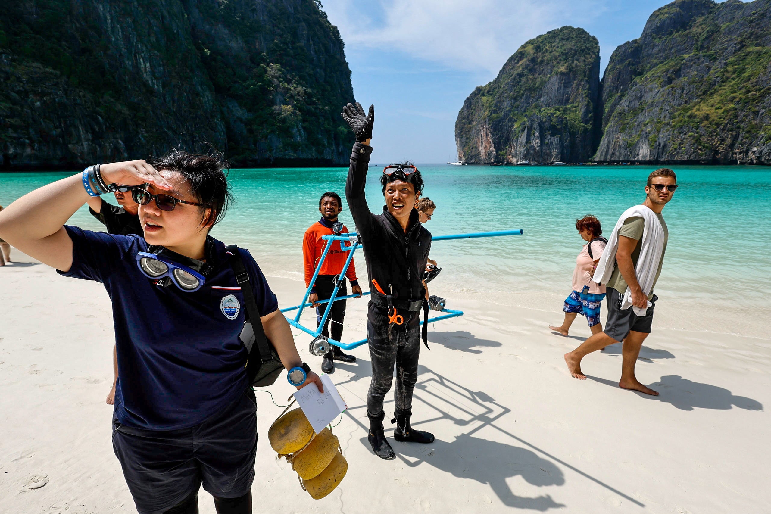 Metavee Chuangcharoendee, 27, from the Maya Shark Watch Project, arrives with her team to install their baited remote underwater video station