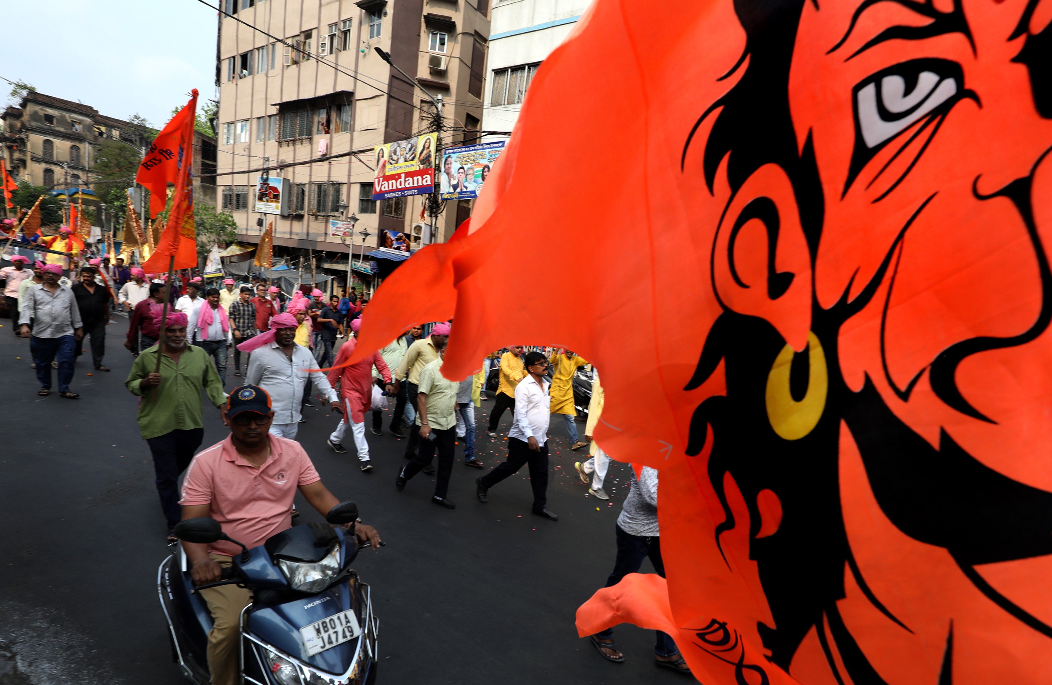 Hindu devotees participate in a religious procession to celebrate the Ram Navami festival in Kolkata