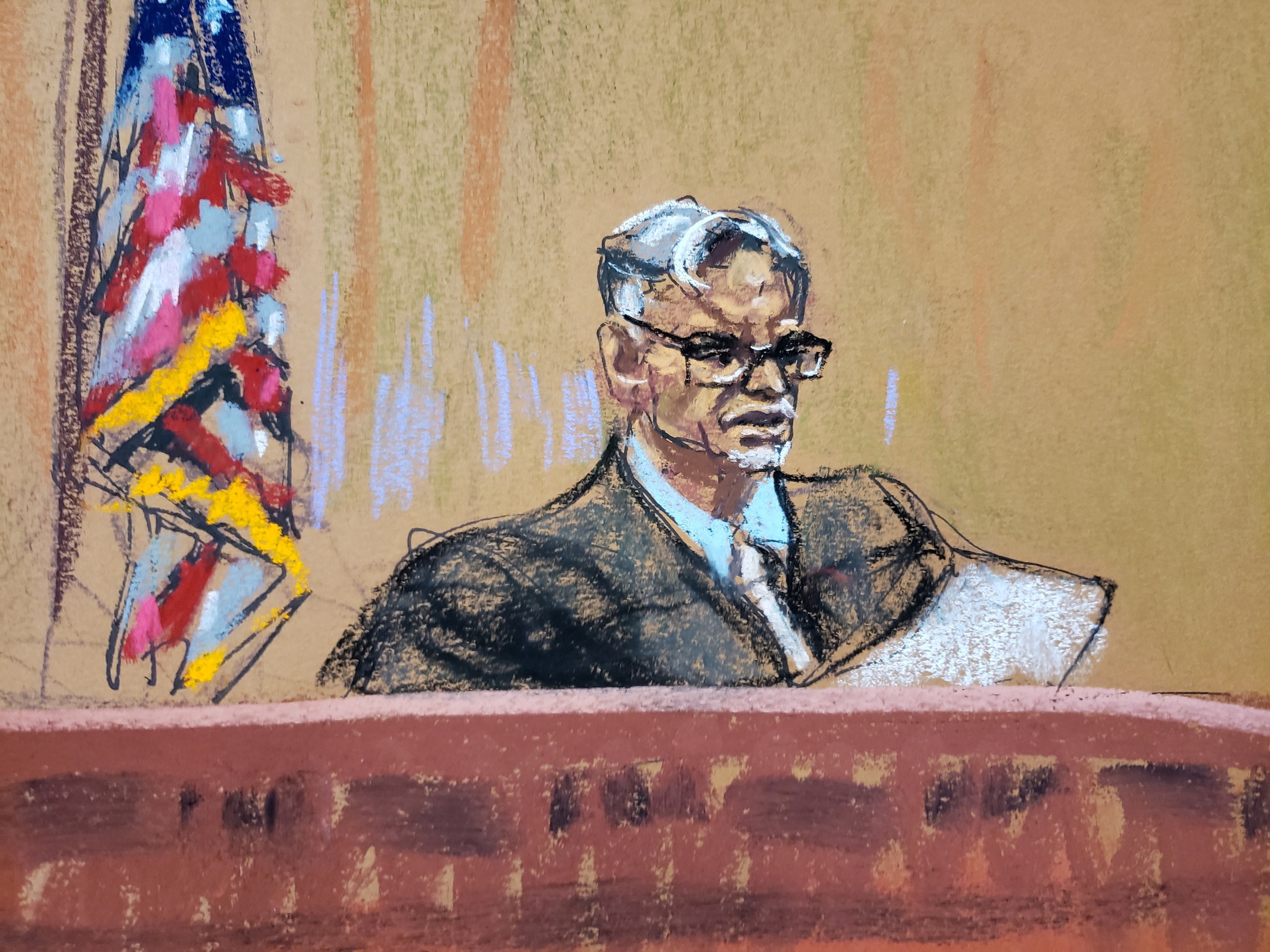 Court sketch of Judge Juan Merchan during deliberations in the Trump Organization’s criminal tax trial