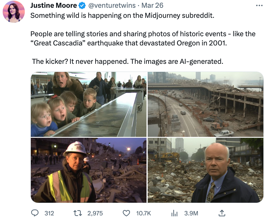 A person tweeting about Seb Diaz’s fake earthquake AI images created on Midjourney