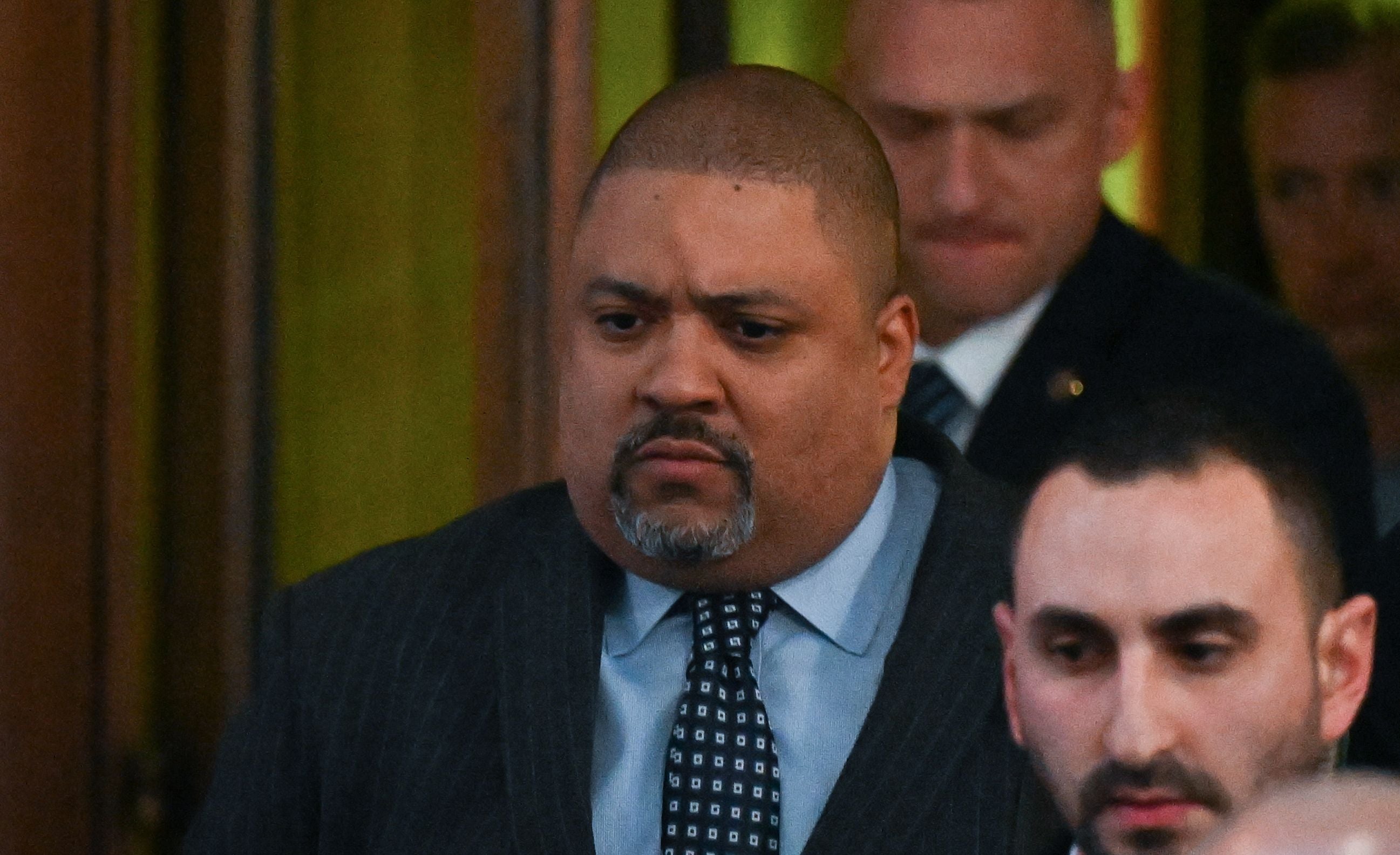 Manhattan District Attorney Alvin Bragg leaves his office in New York on 30 March 2023