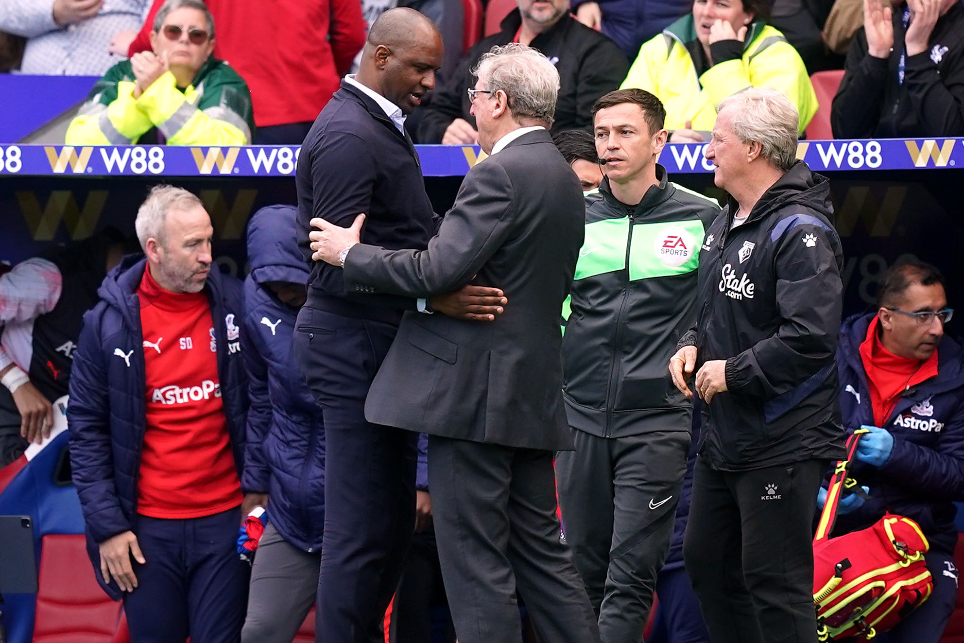 Roy Hodgson, right, believes Patrick Vieira has the potential to become a “top manager” (Yui Mok/PA)