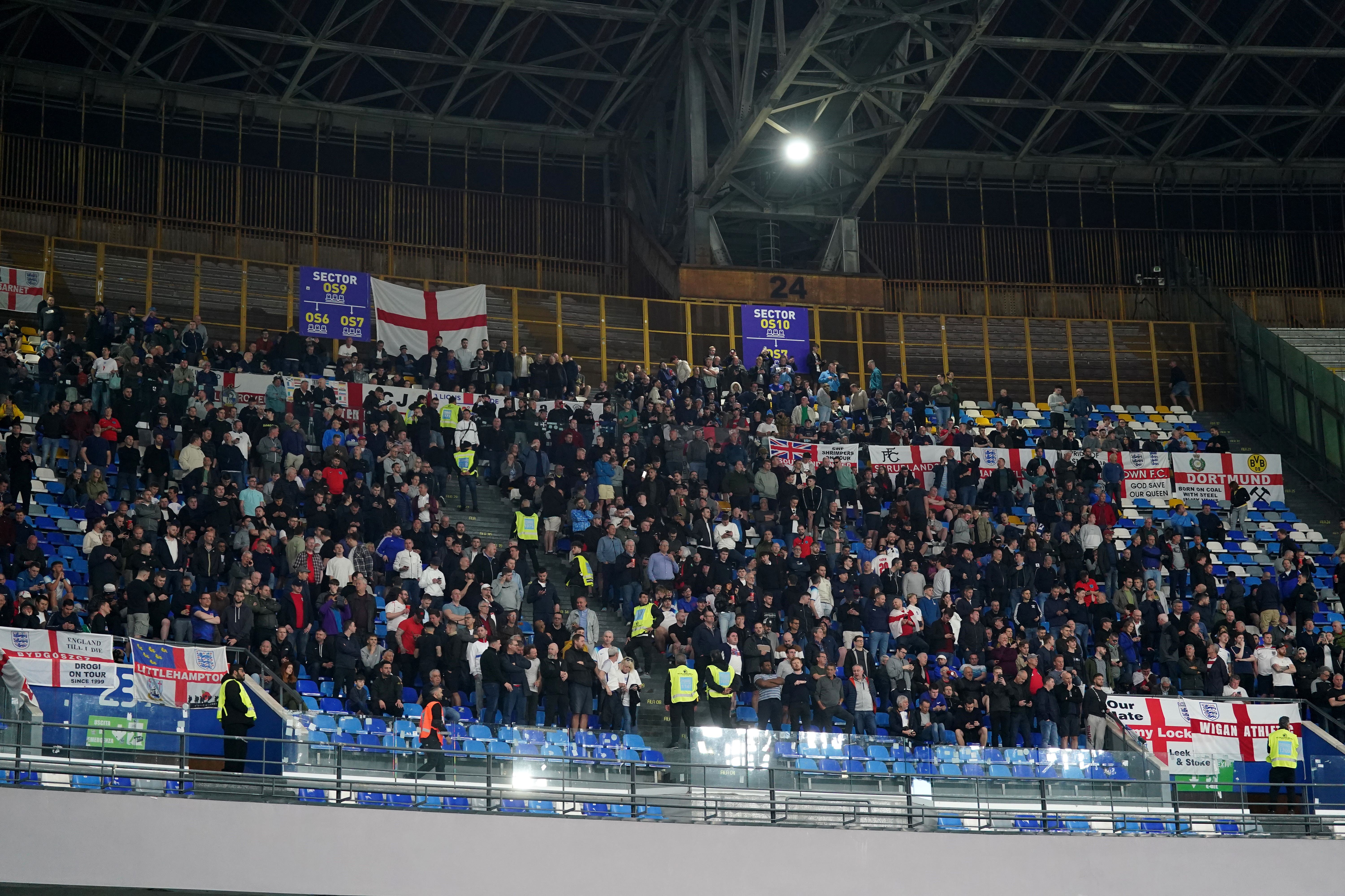 England fans in the stands during the Euro 2024 qualifying match in Italy (Adam Davy/PA)