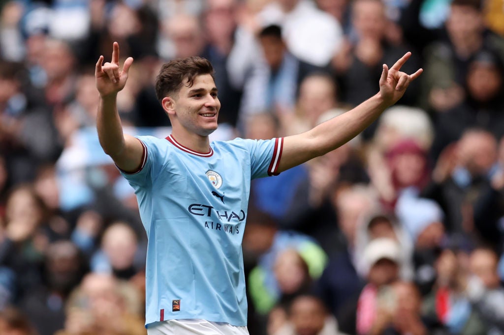 Alvarez celebrates after scoring City’s first goal against Liverpool