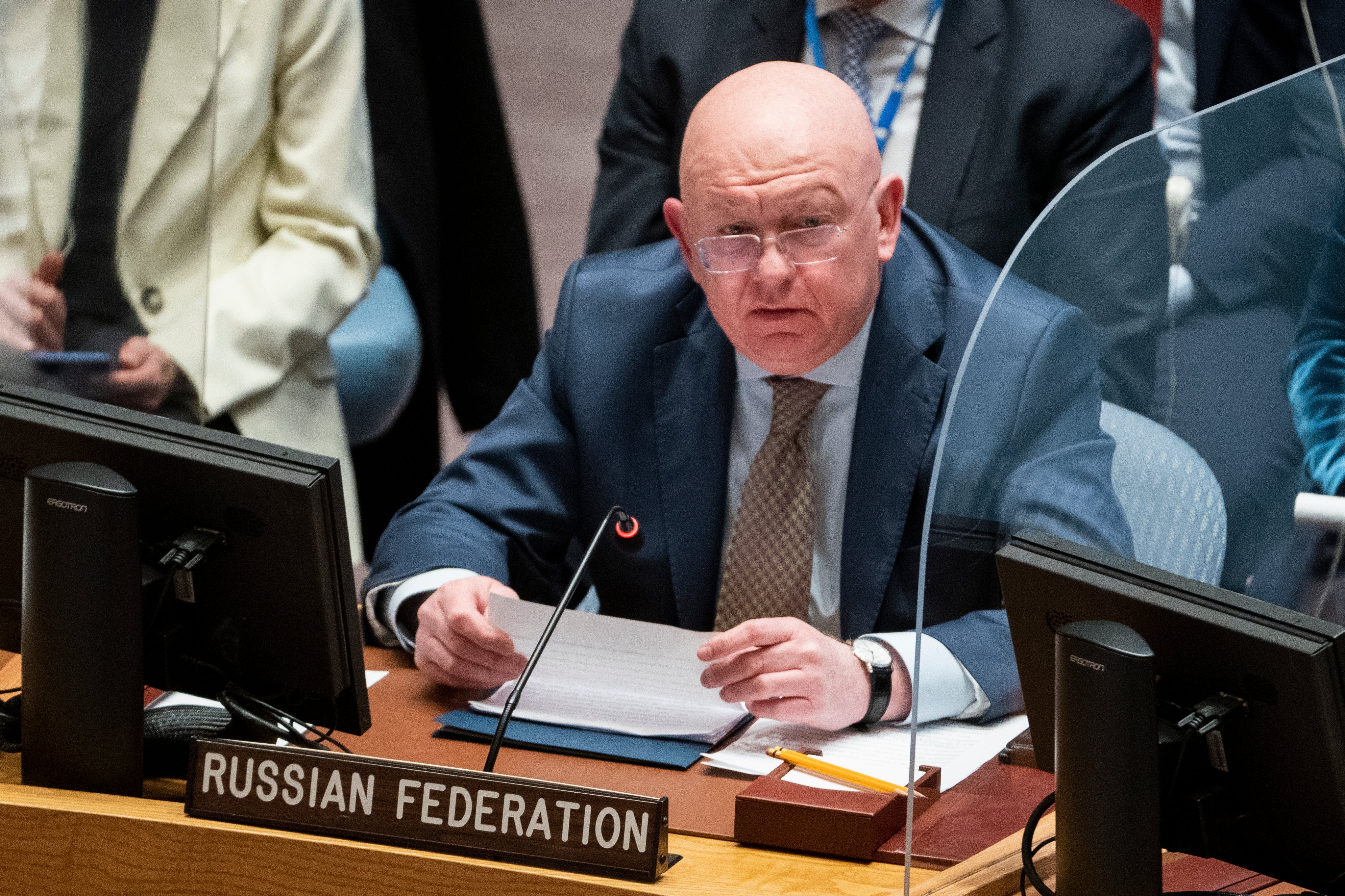 Vassily Nebenzia, permanent representative of Russia to the United Nations, speaks during a meeting of the UN Security Council, March 29, 2022, at United Nations headquarters