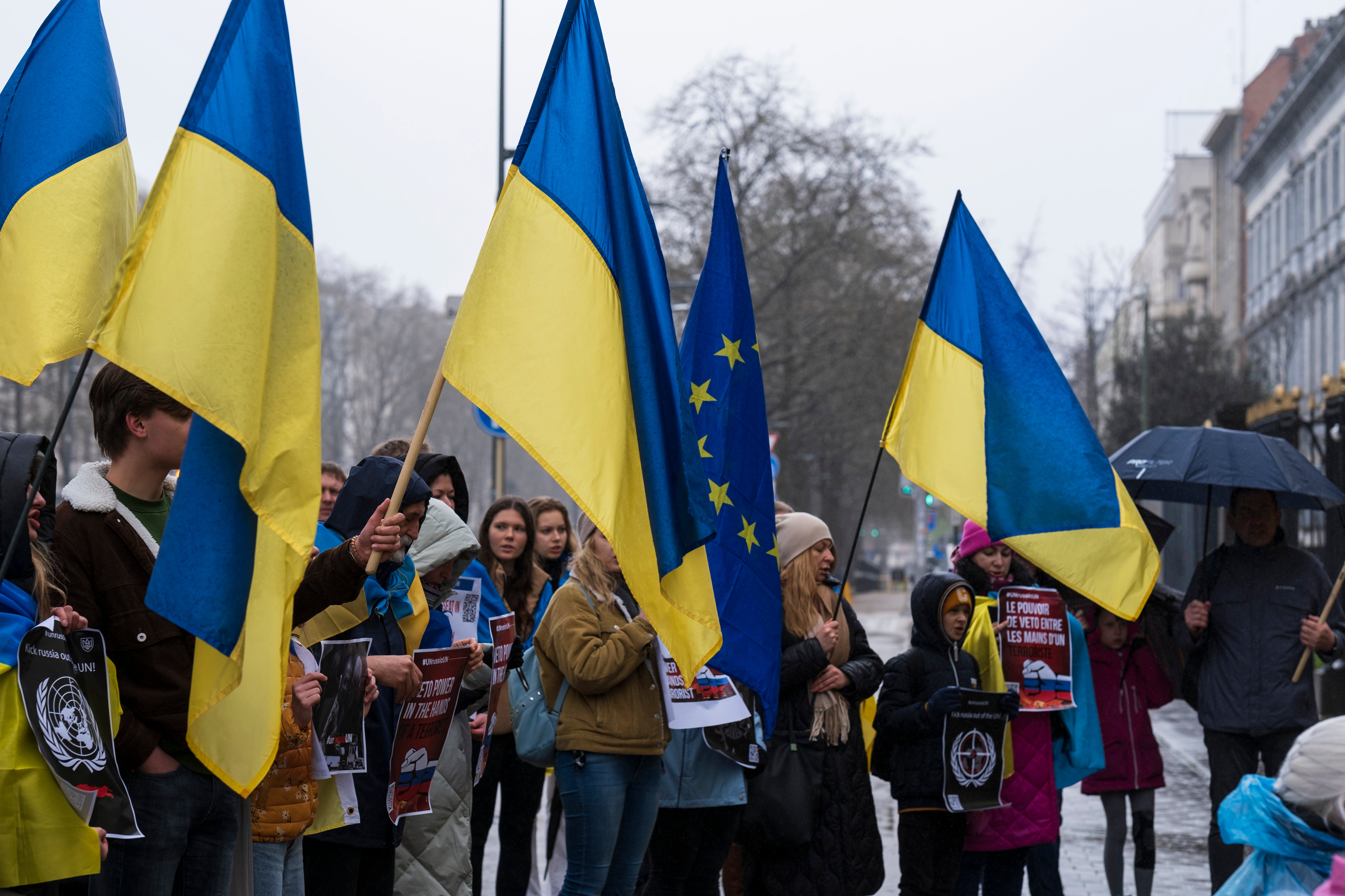 About 50 Ukrainians demonstrate at the Avenue des Arts, in front of the office of the United Nations on April 1, 2023 in Brussels, Belgium