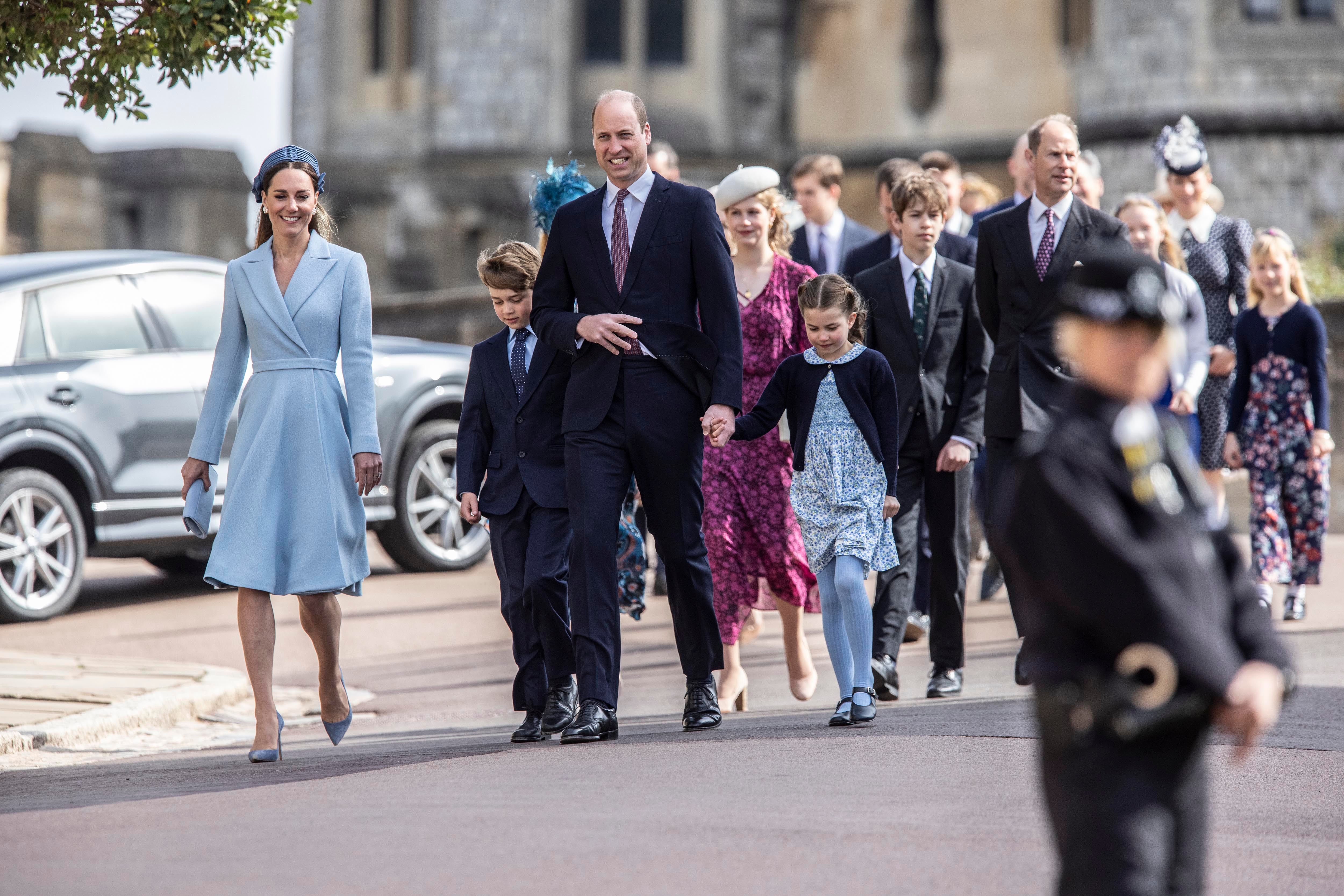 Prince William, Duke of Cambridge, Catherine, Duchess of Cambridge attend the Easter Matins Service at St George's Chapel at Windsor Castle on April 17, 2022