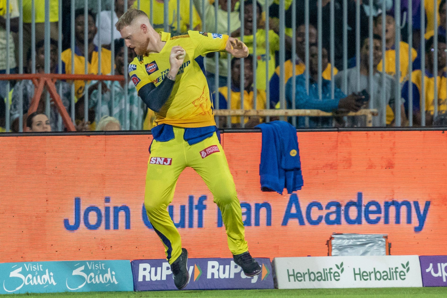 Ben Stokes celebrates after taking a catch (R. Parthibhan/AP)