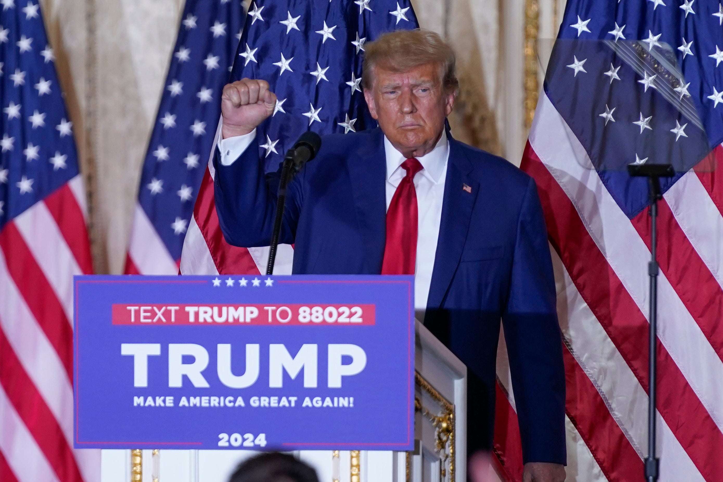 Former President Donald Trump speaks at his Mar-a-Lago estate Tuesday, 4 April 2023, in Palm Beach, Fla., after being arraigned earlier in the day in New York City.