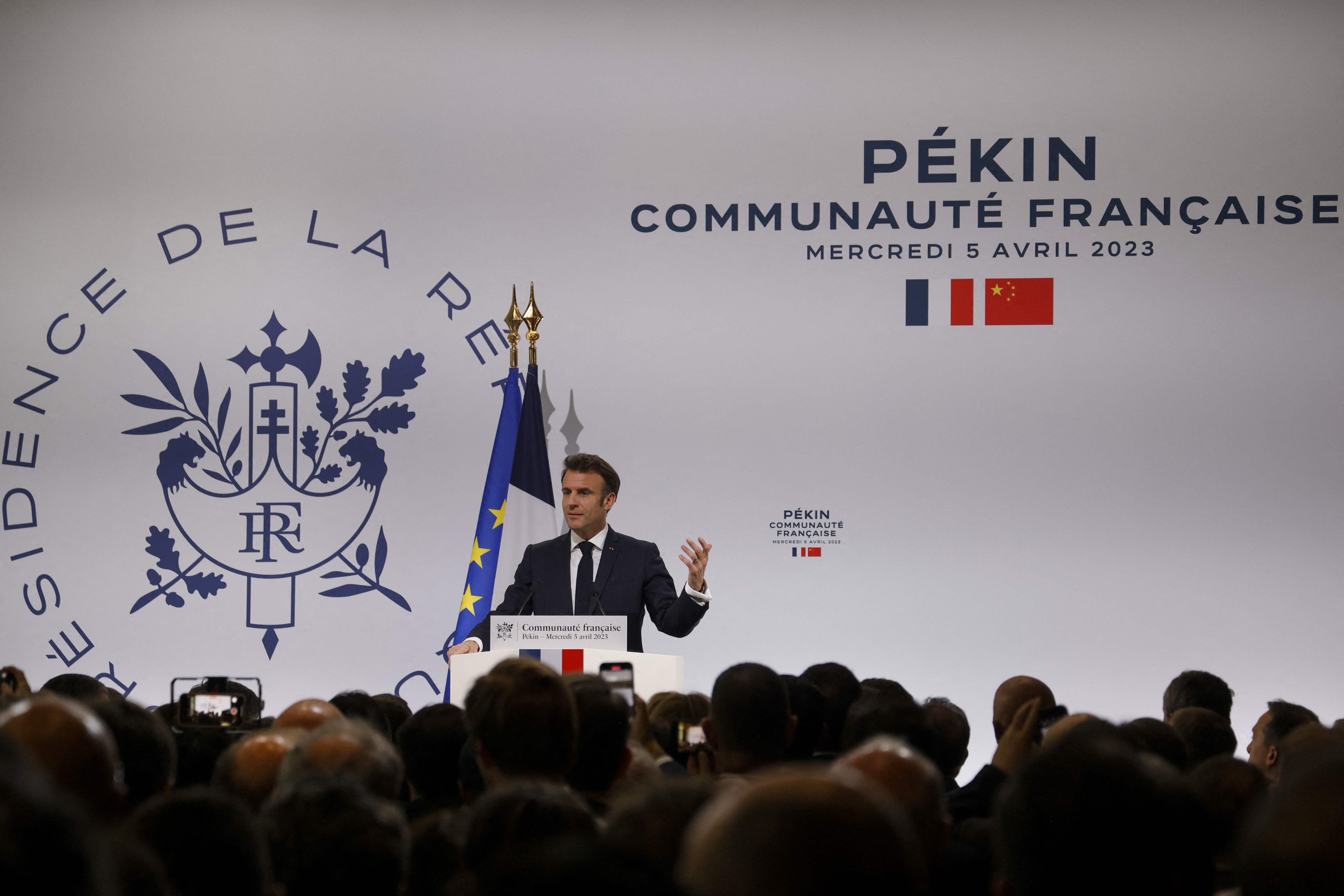 French President Emmanuel Macron speaks during a meeting with China's French community at the residence of France's ambassador in Beijing