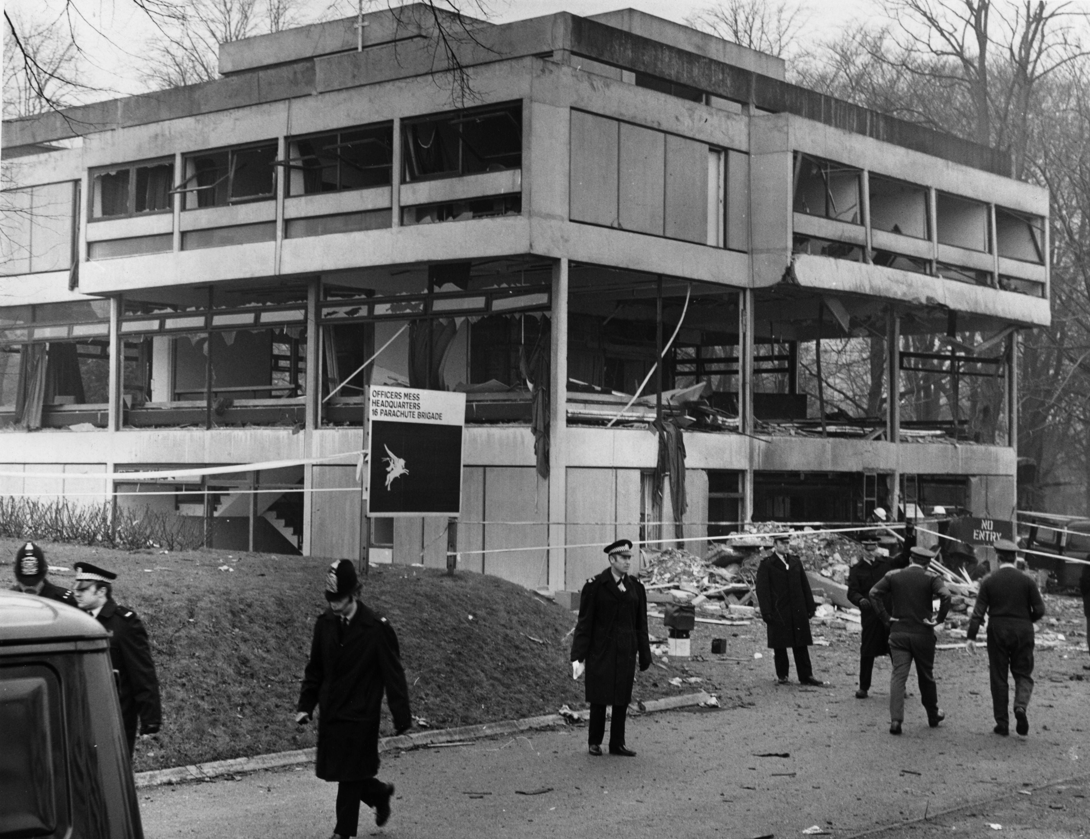 The wrecked headquarters of the Parachute Regiment at Aldershot, bombed by the IRA