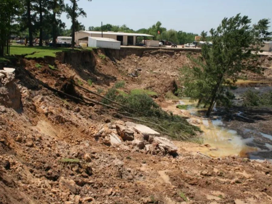 A view of the sinkhole in Daisetta, Texas