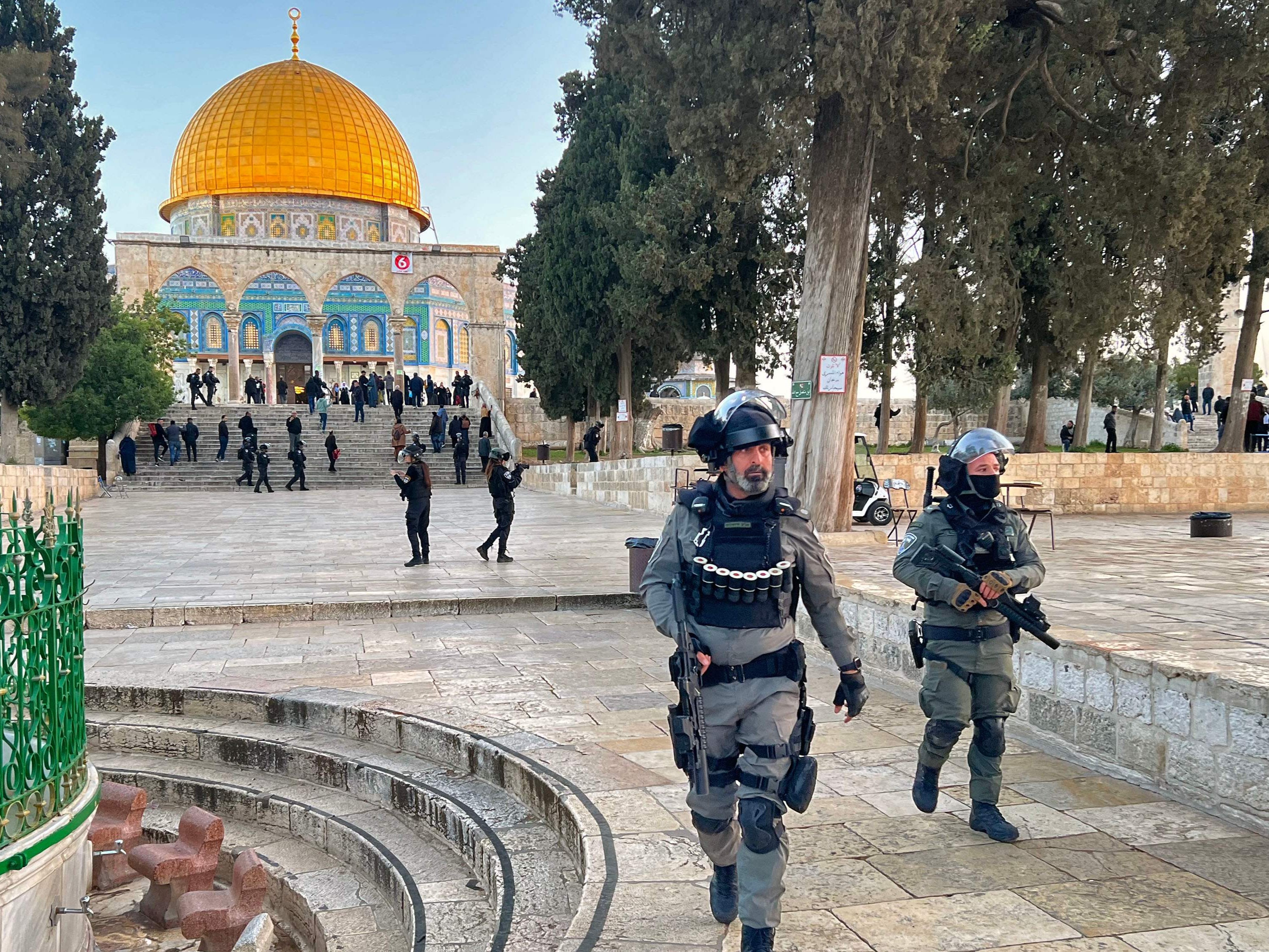 Israeli police walk inside the al-Aqsa mosque compound on Wednesday