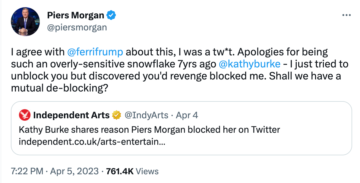 Morgan apologised to Burke on Twitter, seven years after blocking her