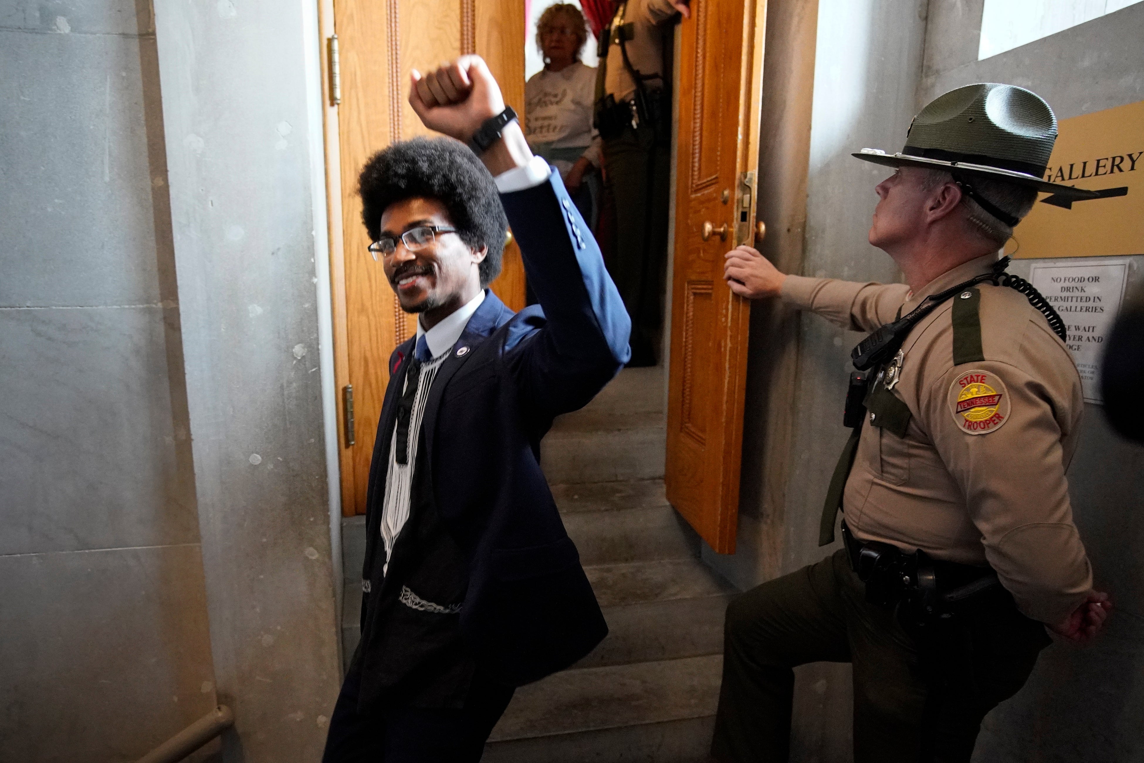 Rep Justin Pearson raises his fist on the day Republicans voted to expel him