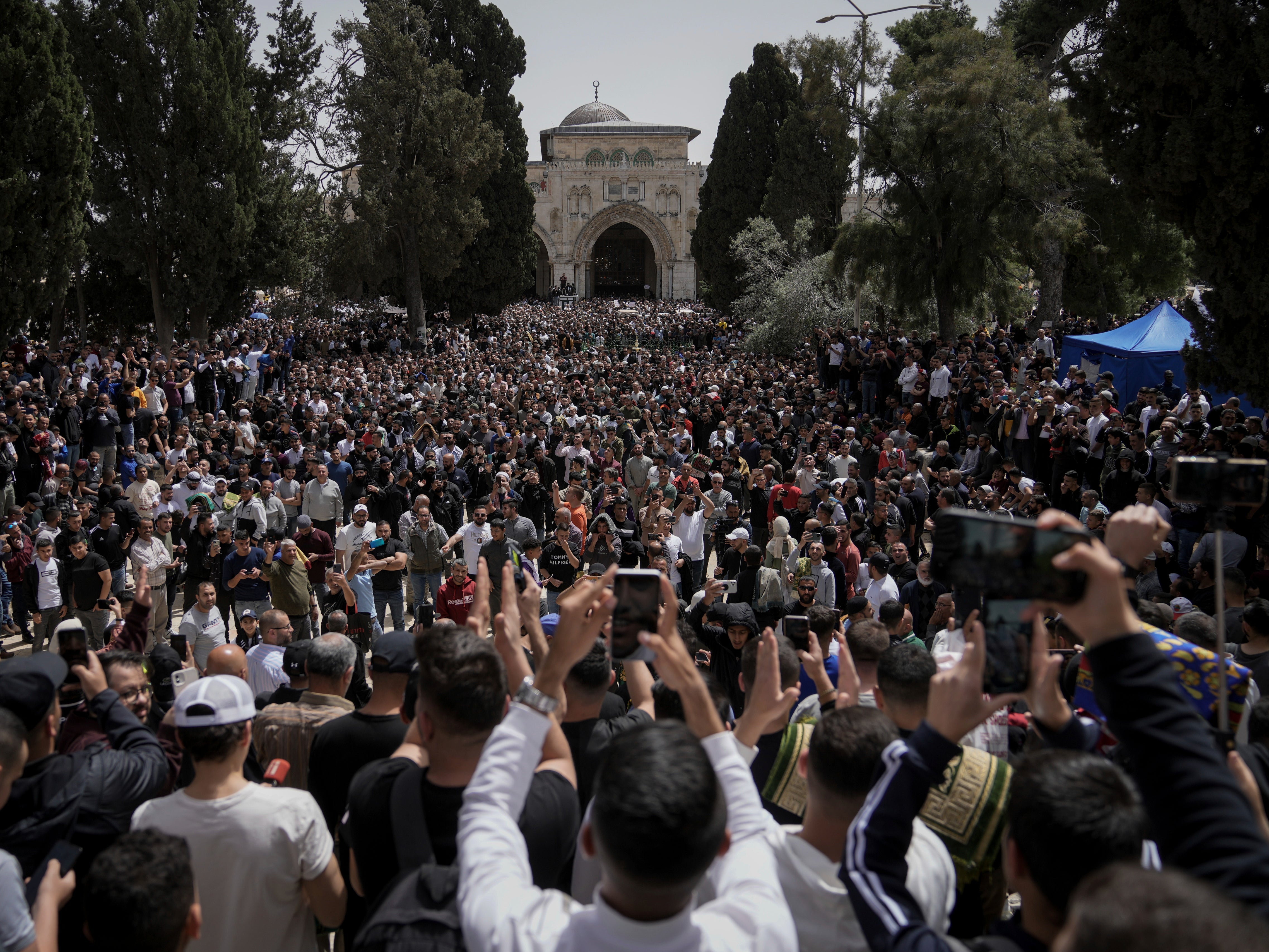 Palestinians protest at the al-Aqsa mosque compound in the Old City of Jerusalem, during the Muslim holy month of Ramadan