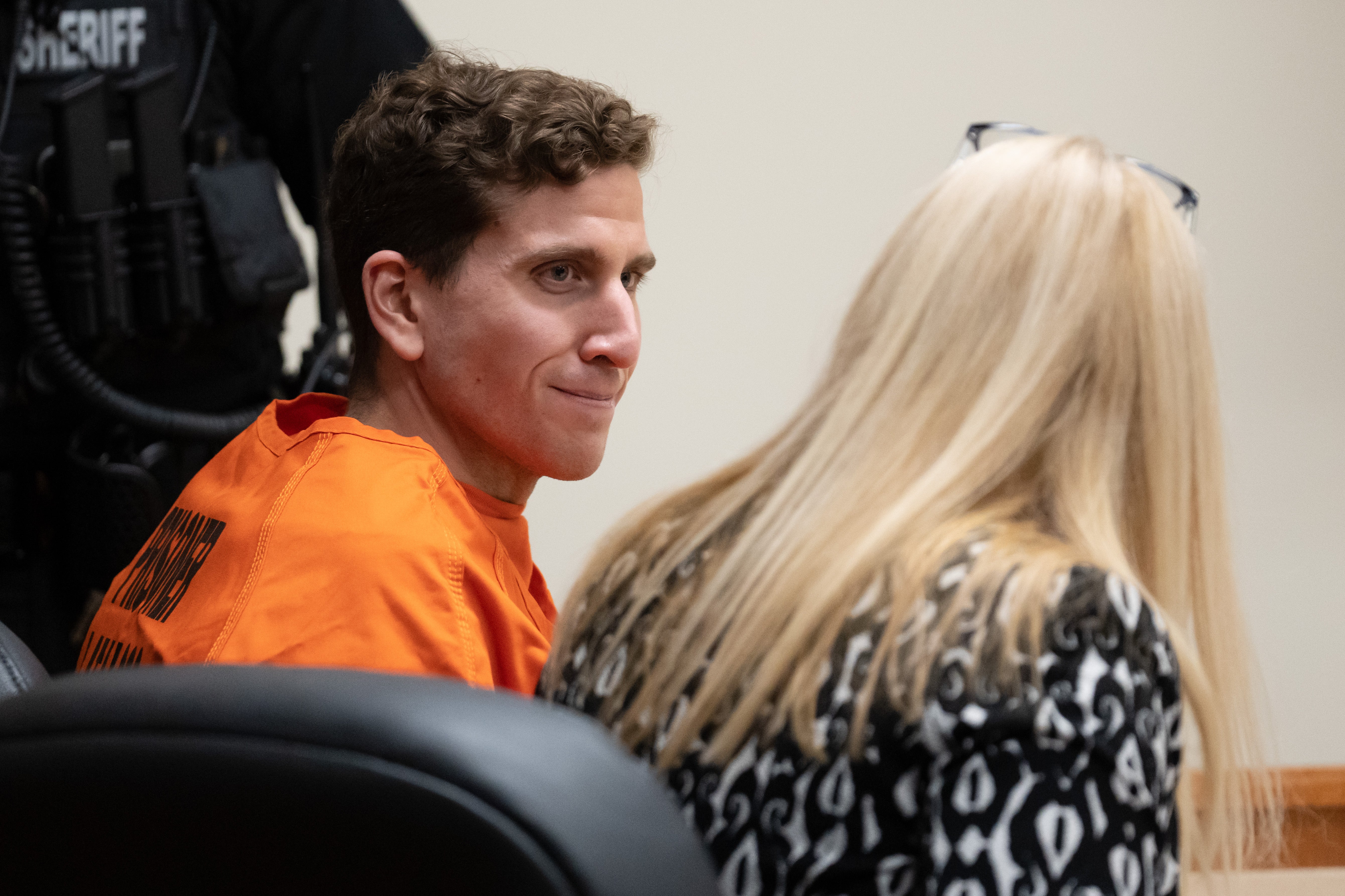 Bryan Kohberger looks toward his attorney, public defender Anne Taylor, right, during a hearing in Latah County District Court on January 5, 2023, in Moscow, Idaho.