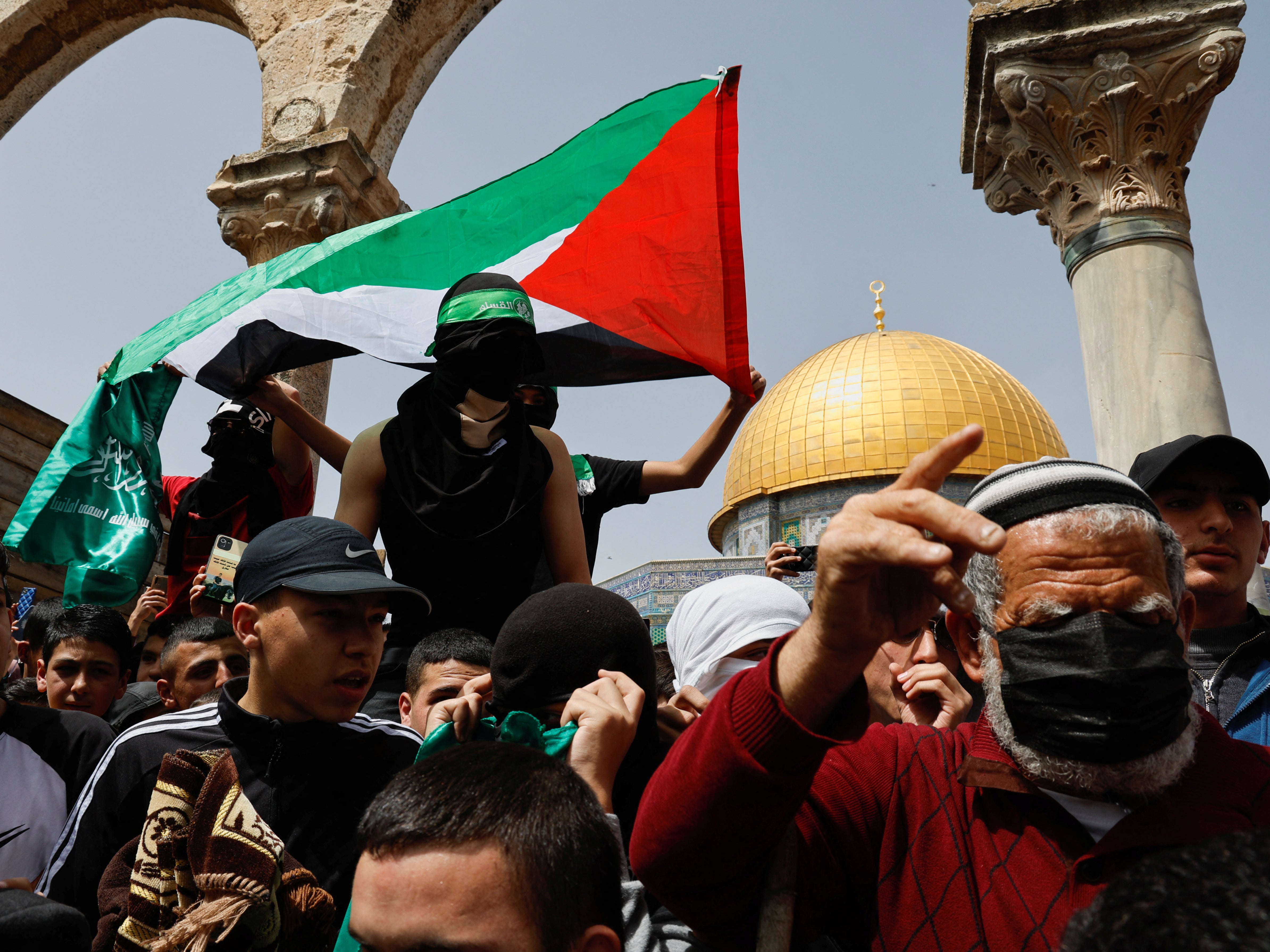 Palestinians demonstrate at the al-Aqsa mosque on Friday