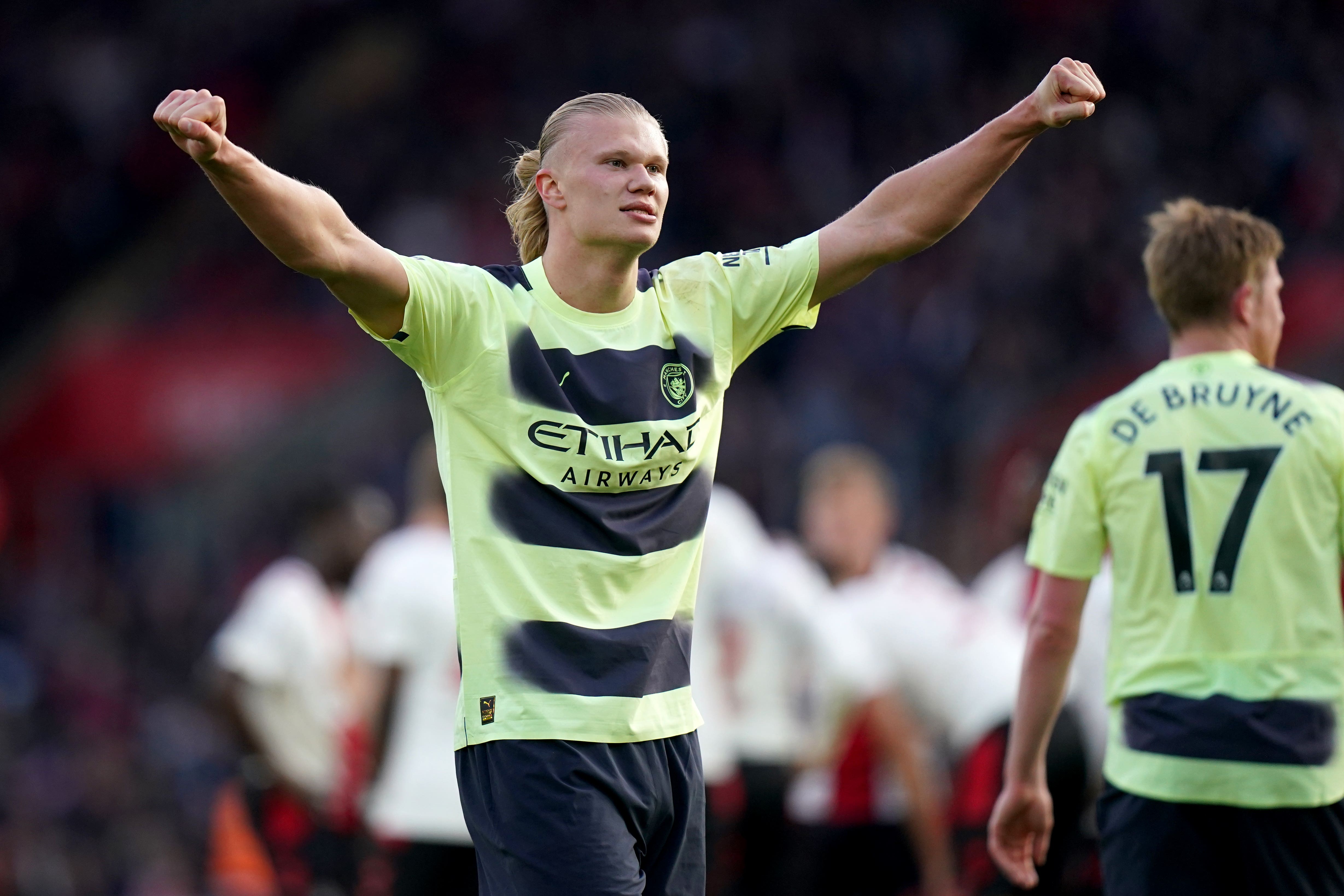 Erling Haaland celebrates scoring his 30th goal of the Premier League season (Adam Davy/PA)