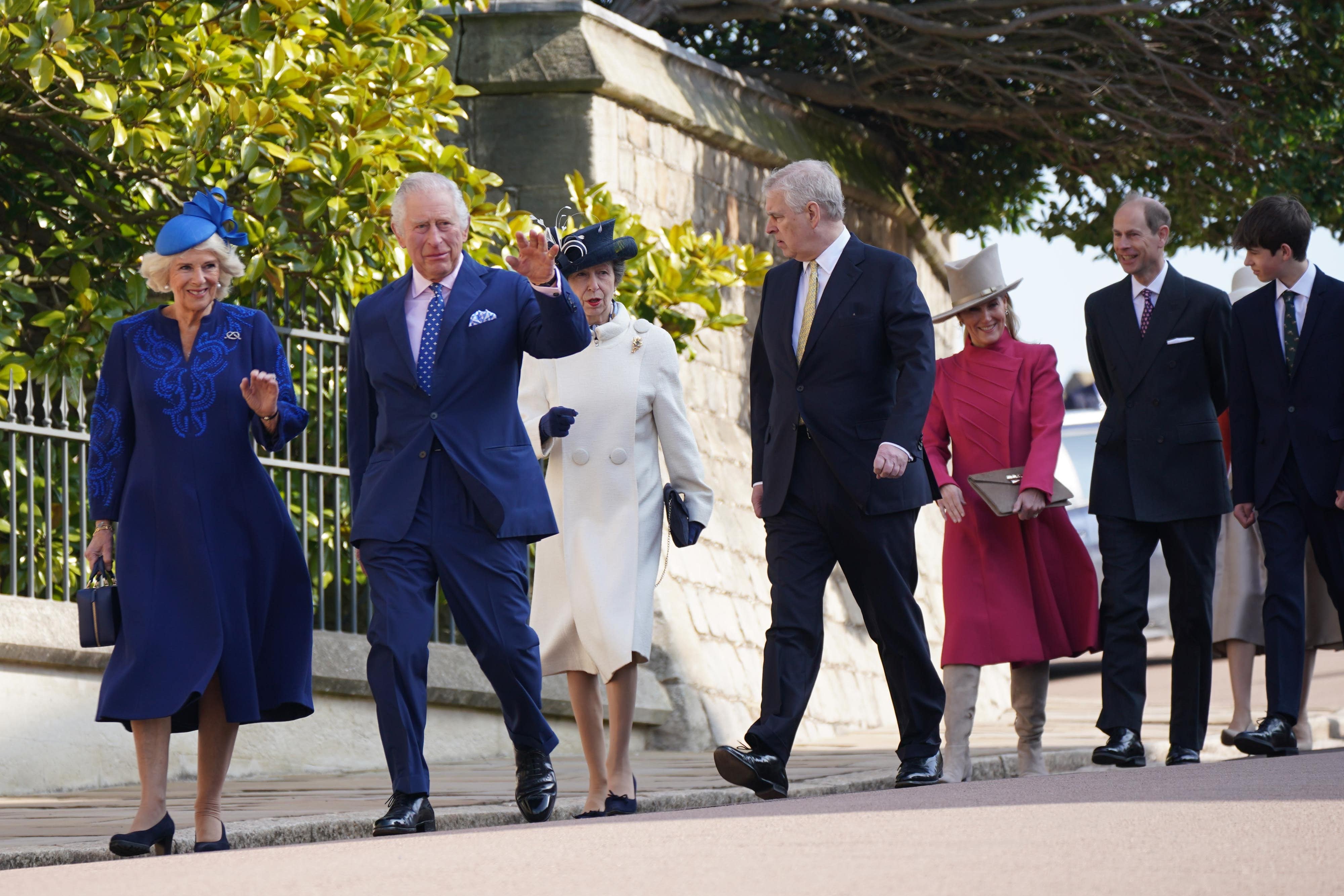 The King and Queen Consort attend the Easter Sunday service at St George’s Chapel at Windsor Castle with other senior royals (Yui Mok/PA)