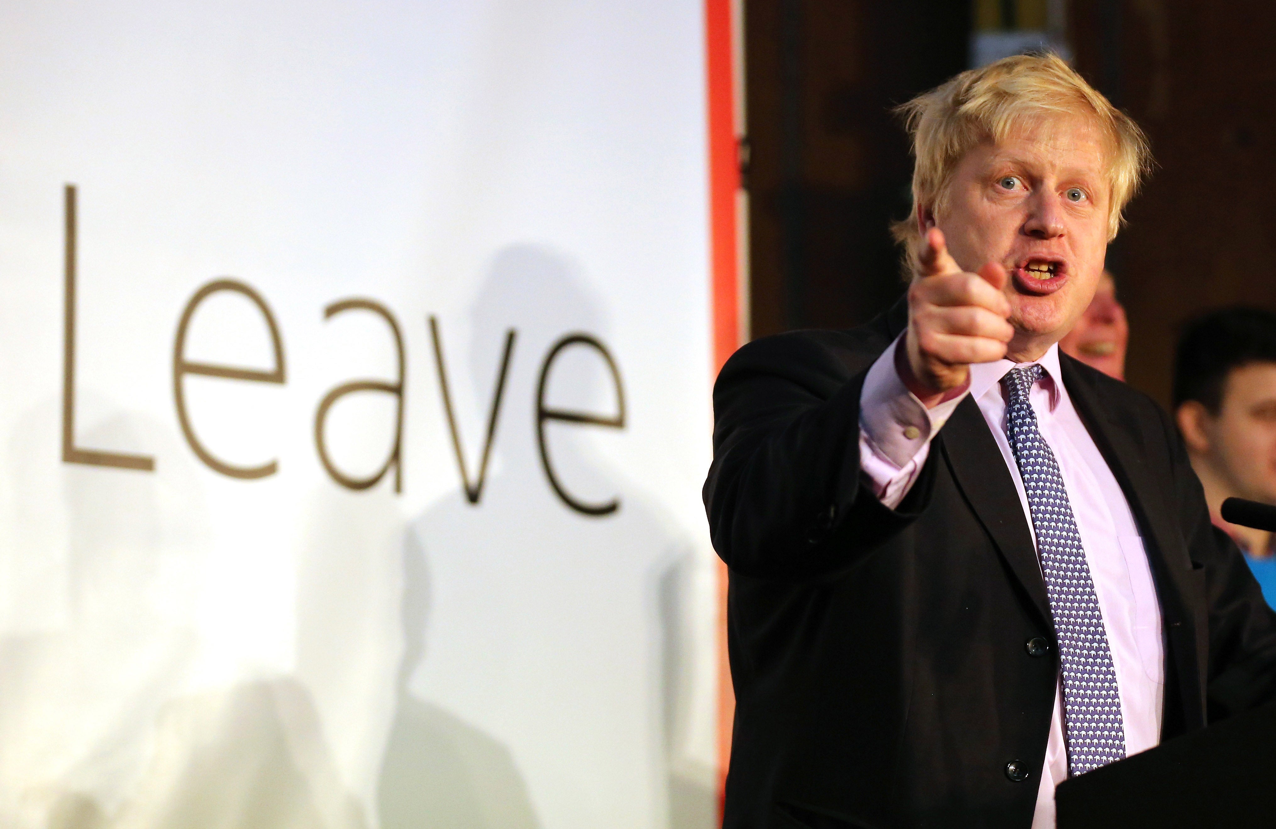 Johnson addresses supporters during a rally for the Vote Leave campaign in 2016