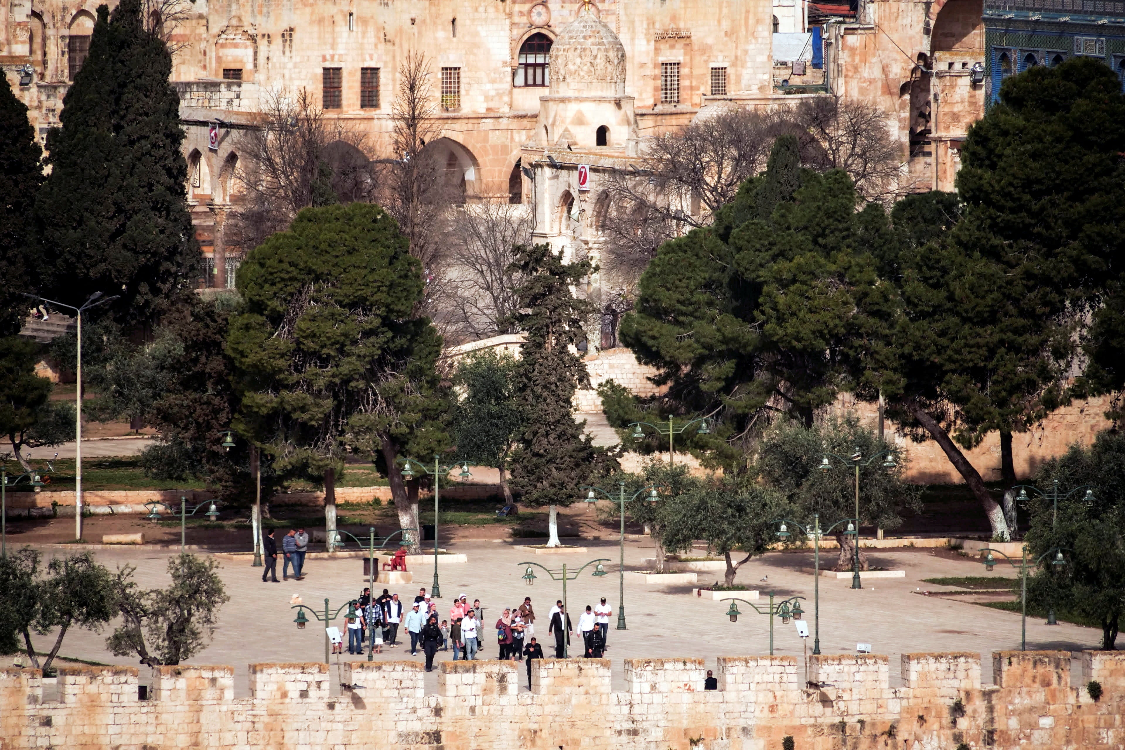 A view from the Mount of Olives shows a group of Jewish visitors on the Al-Aqsa compound on Sunday